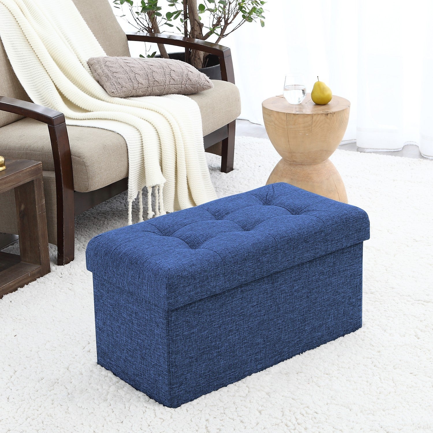 Tufted Linen Storage Ottoman