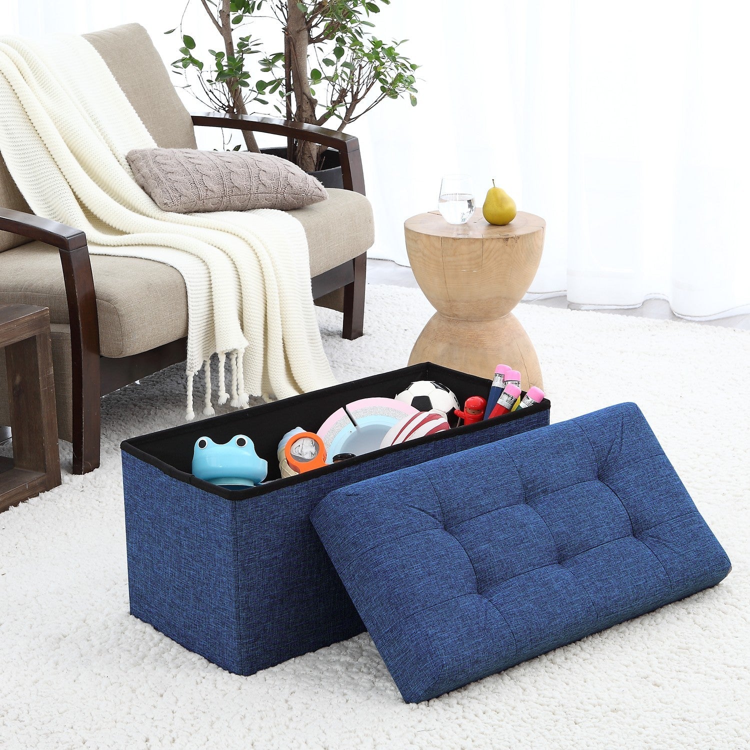 Tufted Linen Storage Ottoman