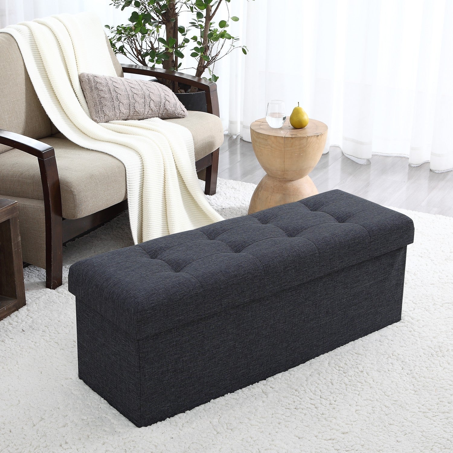 Tufted Linen Storage Ottoman