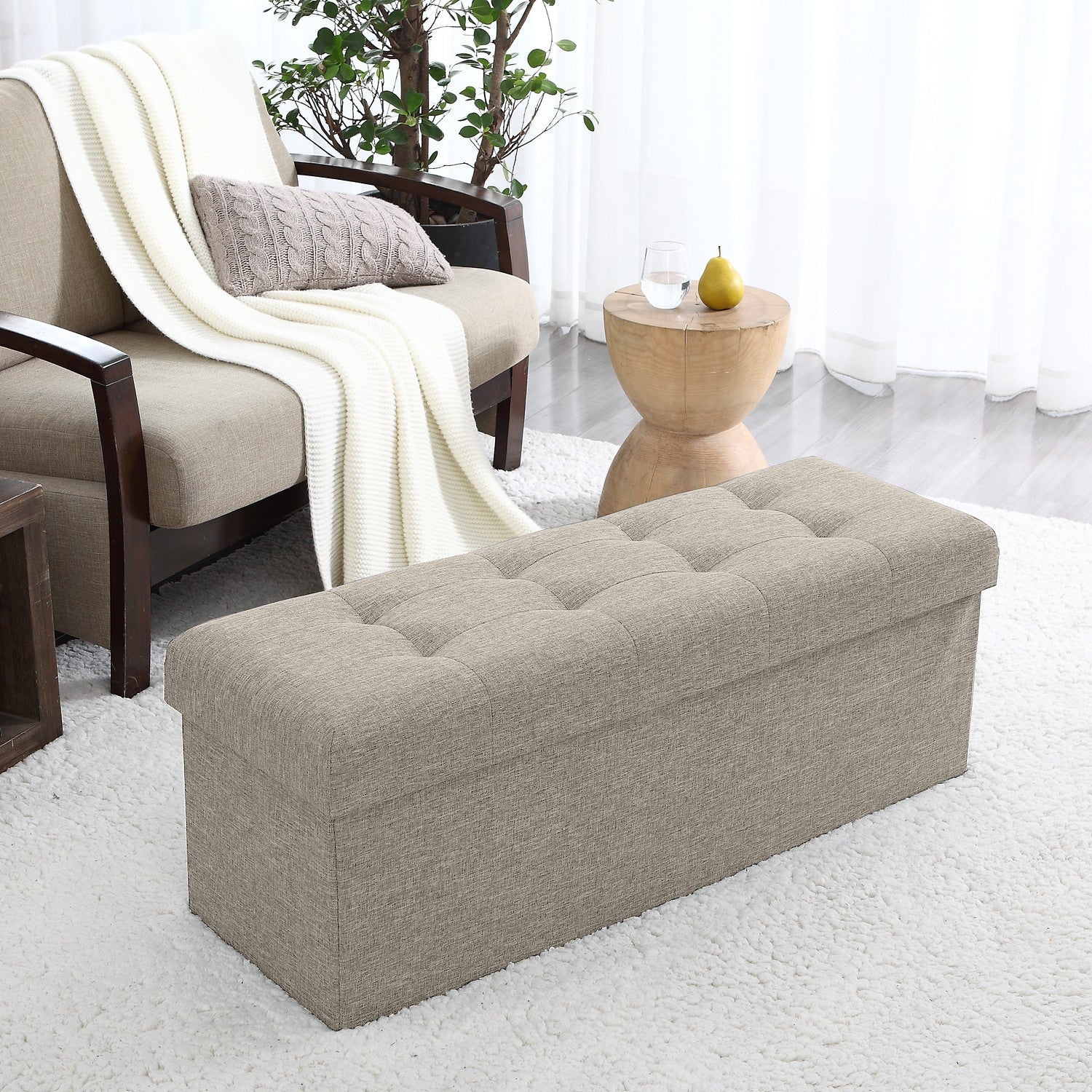 Tufted Linen Storage Ottoman