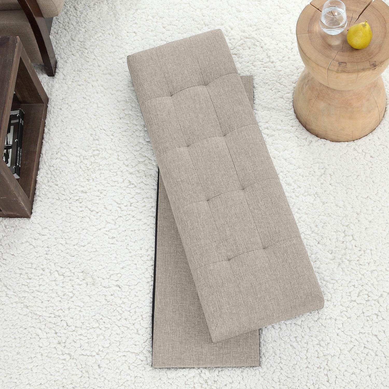 Tufted Linen Storage Ottoman
