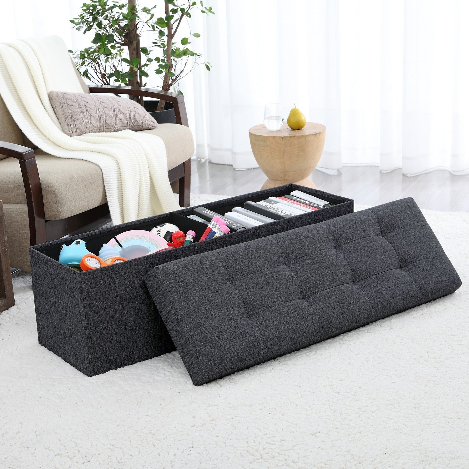 Tufted Linen Storage Ottoman