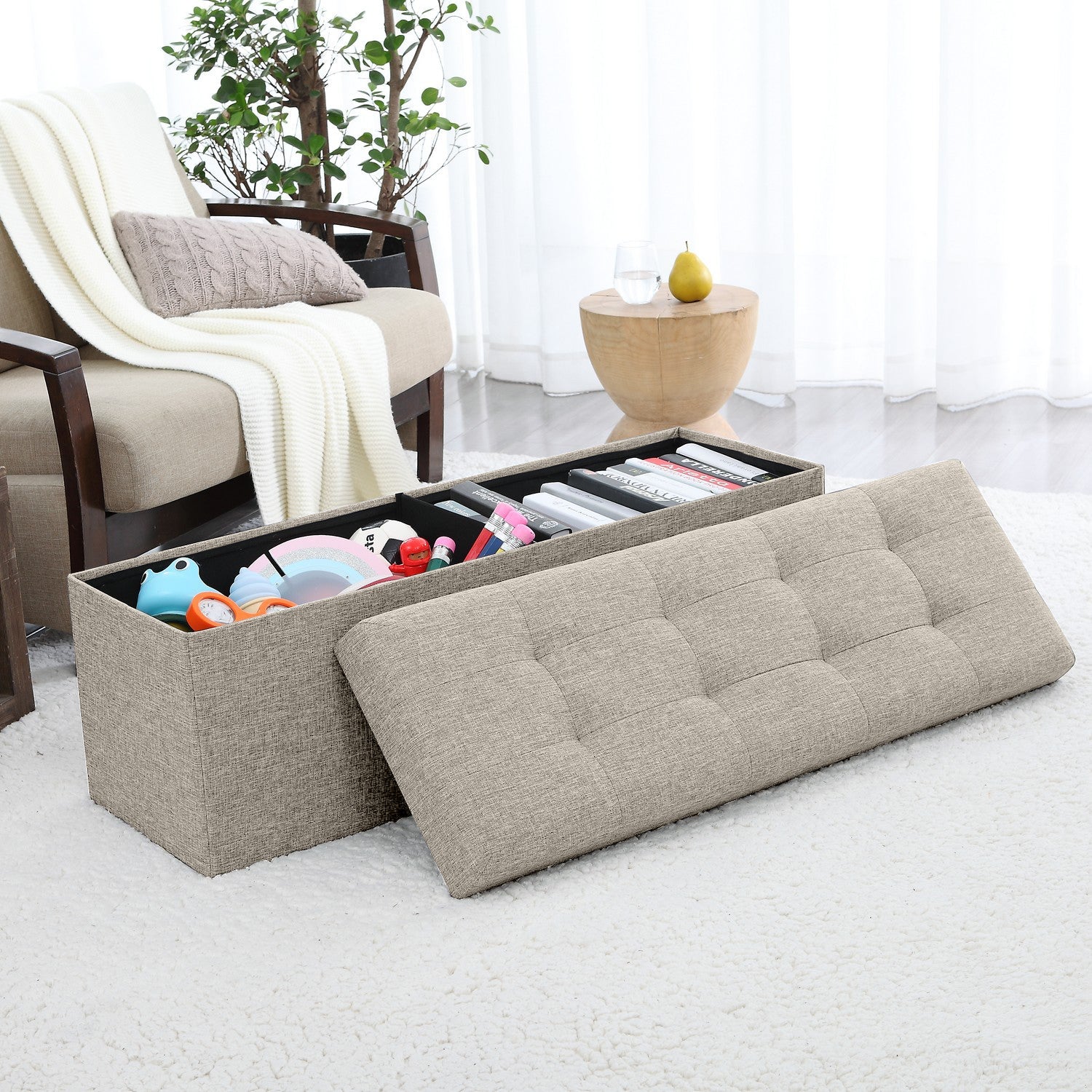 Tufted Linen Storage Ottoman