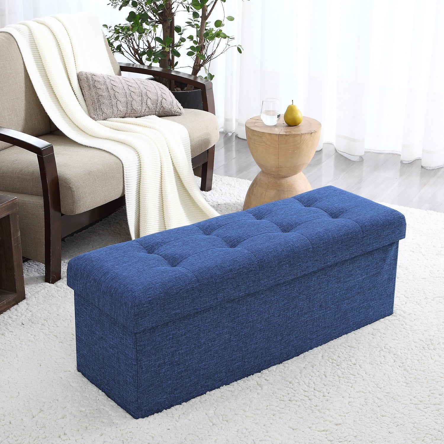 Tufted Linen Storage Ottoman