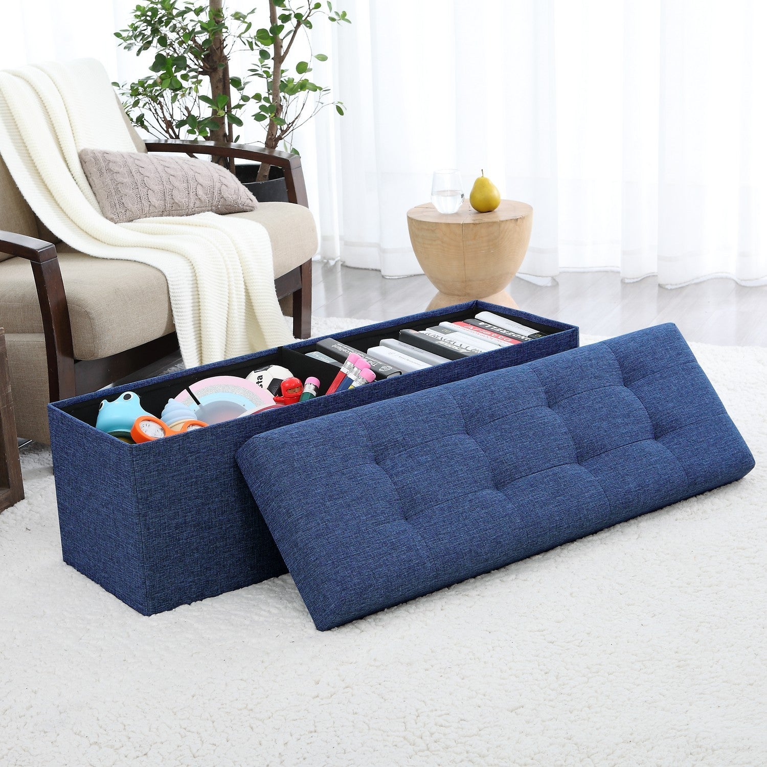 Tufted Linen Storage Ottoman