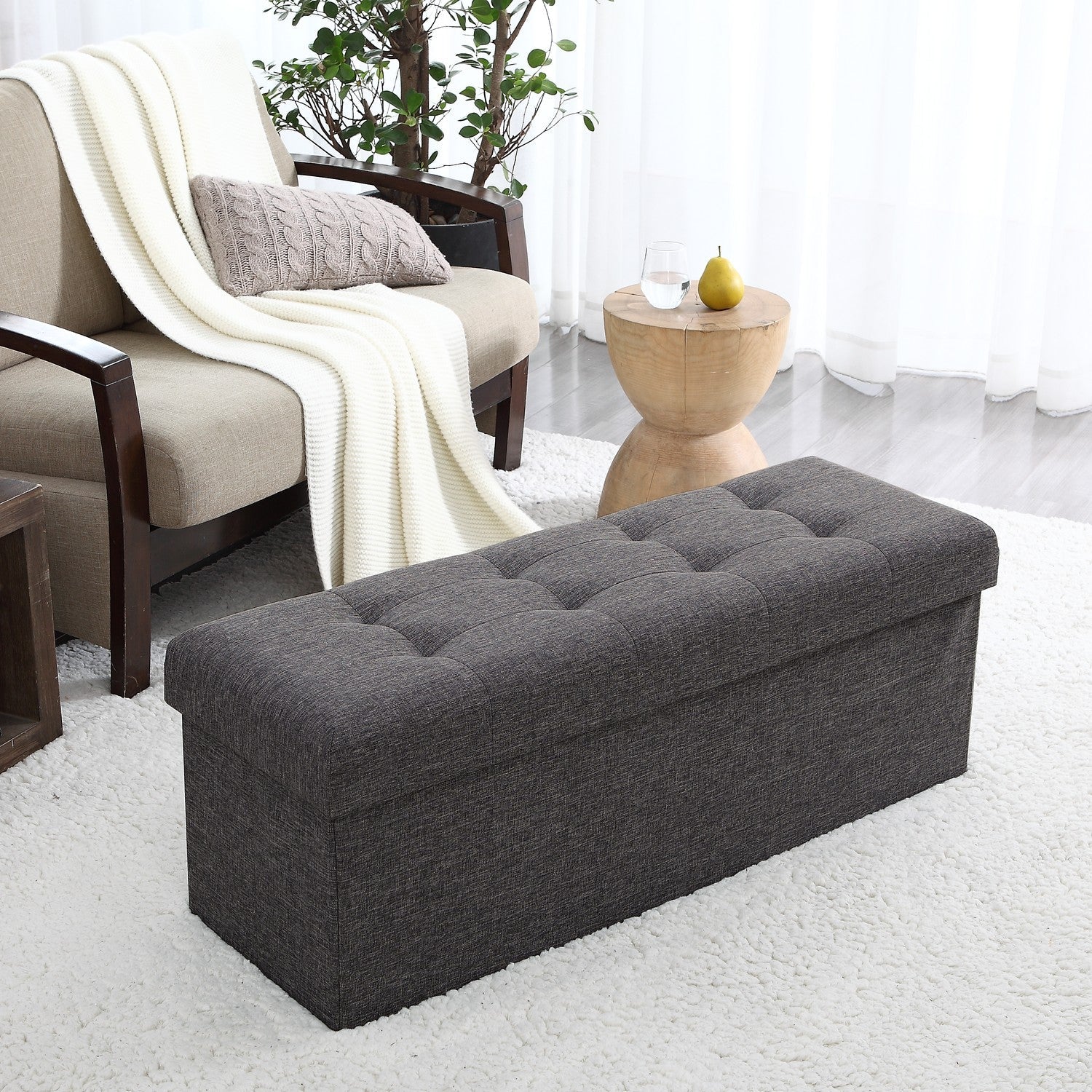 Tufted Linen Storage Ottoman