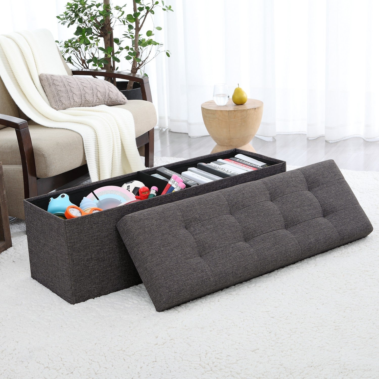 Tufted Linen Storage Ottoman