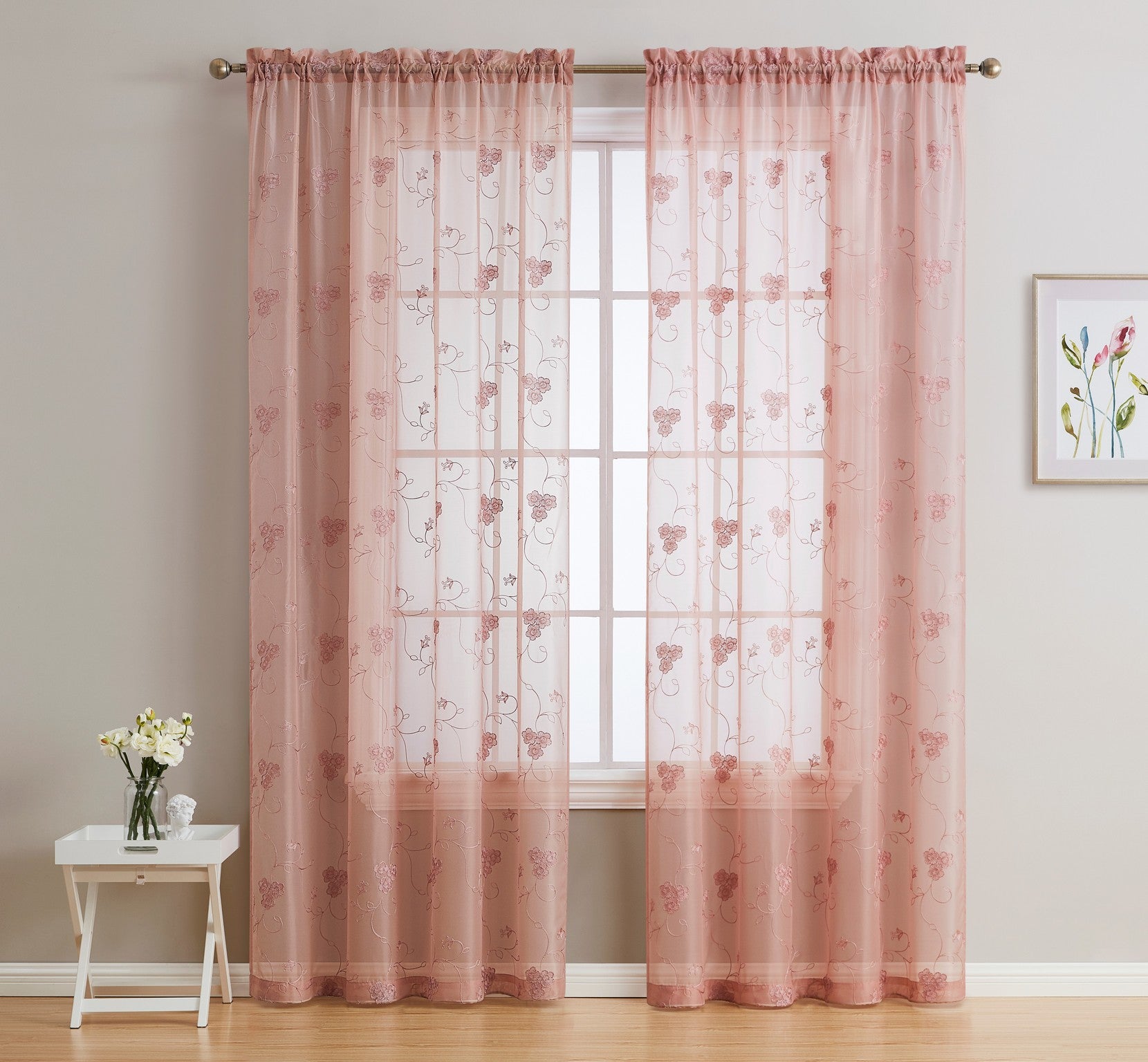 HLC.ME Allegra Floral Vine Embroidered Sheer Voile See Through Light Filtering Window Curtain Drapery Rod Pocket Top Panels for Living Room & Bedroom, Set of 2
