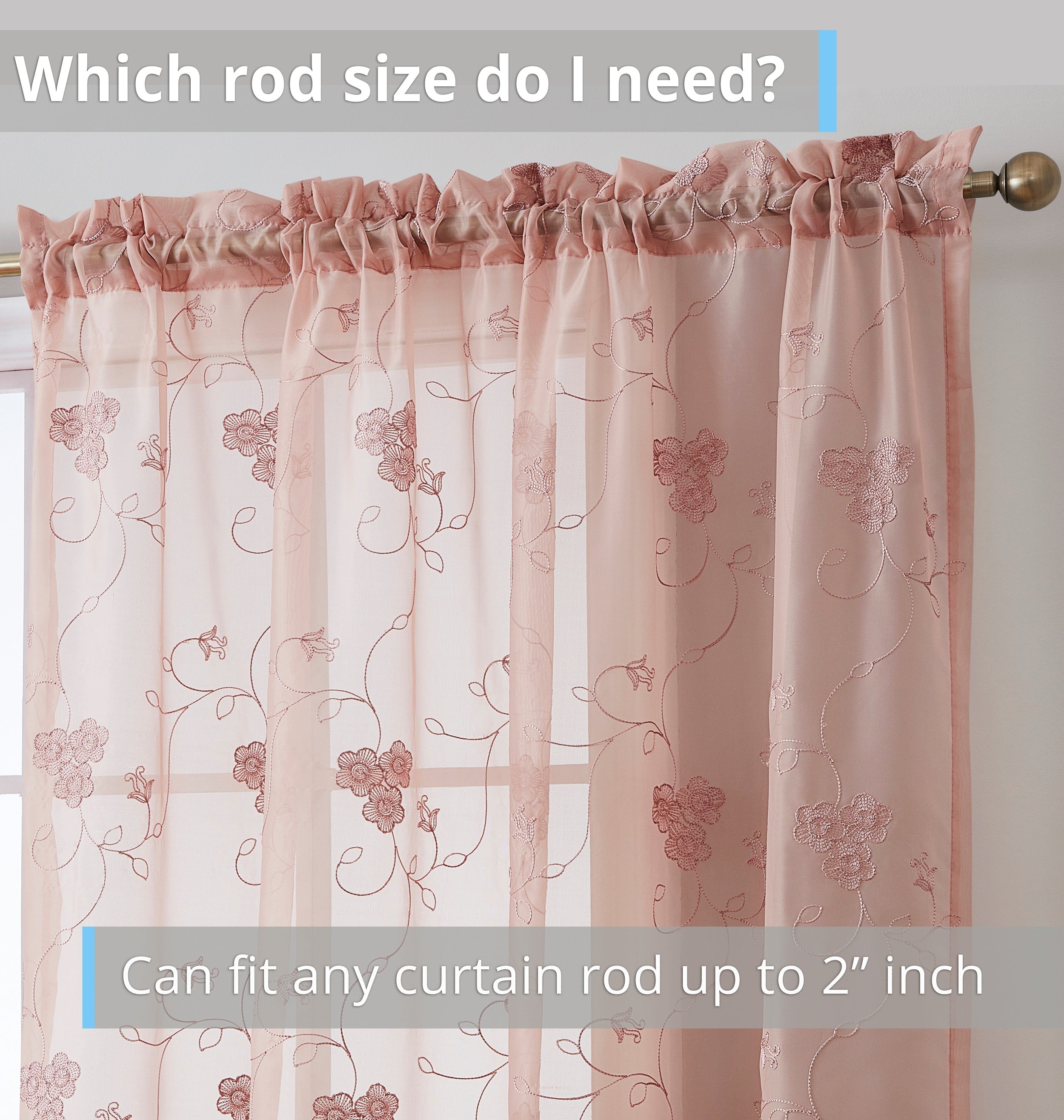 HLC.ME Allegra Floral Vine Embroidered Sheer Voile See Through Light Filtering Window Curtain Drapery Rod Pocket Top Panels for Living Room & Bedroom, Set of 2