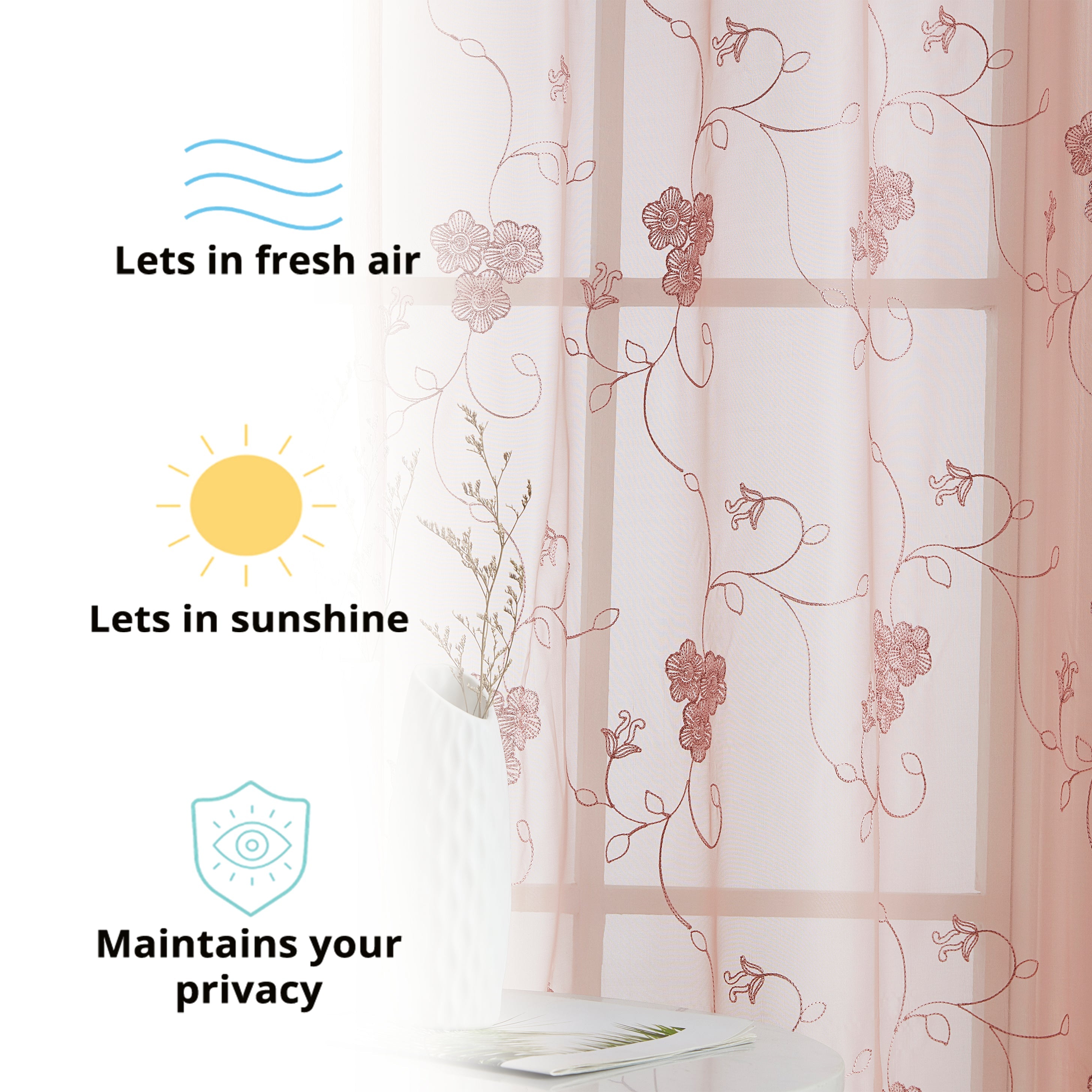 HLC.ME Allegra Floral Vine Embroidered Sheer Voile See Through Light Filtering Window Curtain Drapery Rod Pocket Top Panels for Living Room & Bedroom, Set of 2