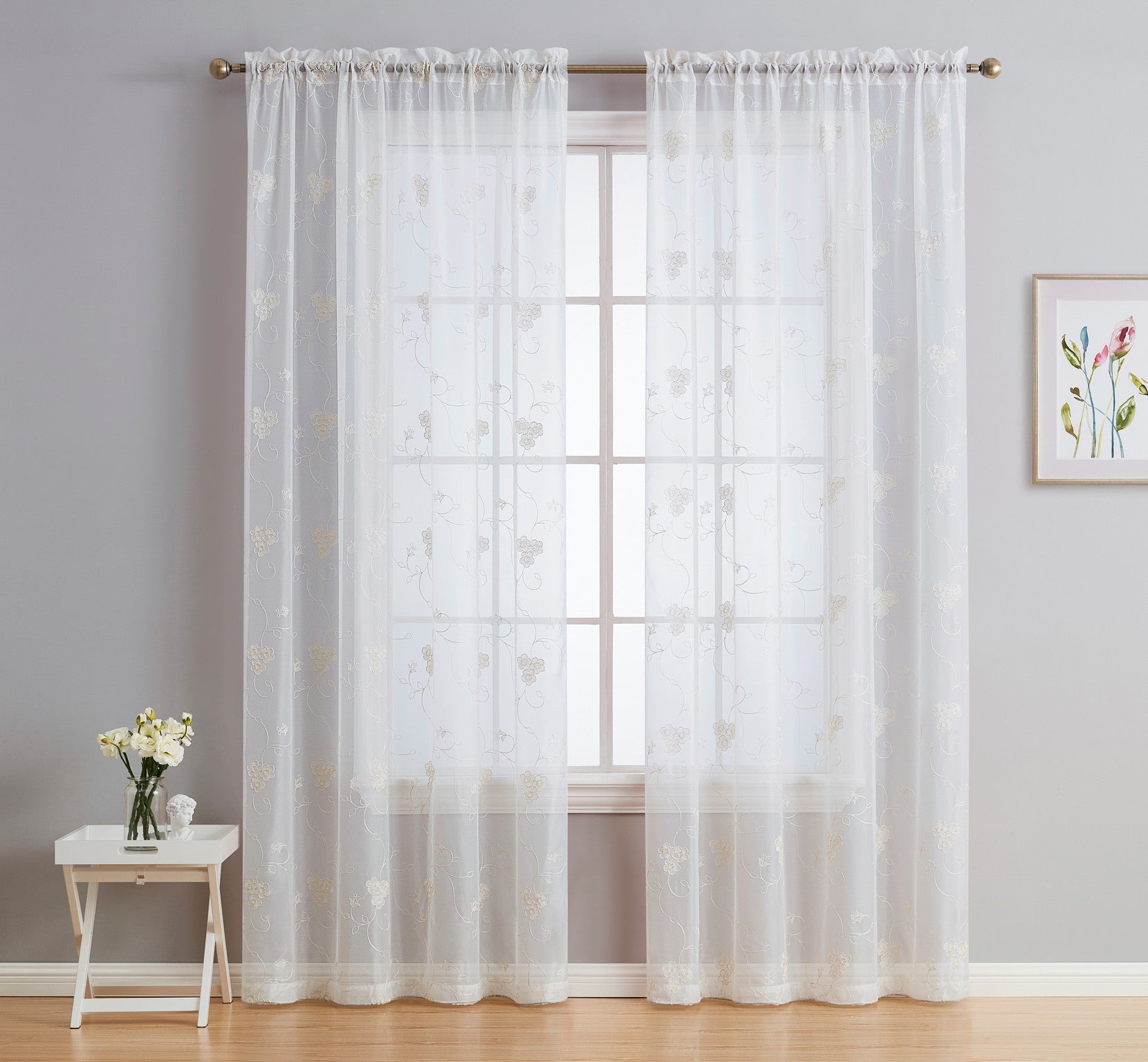 HLC.ME Allegra Floral Vine Embroidered Sheer Voile See Through Light Filtering Window Curtain Drapery Rod Pocket Top Panels for Living Room & Bedroom, Set of 2