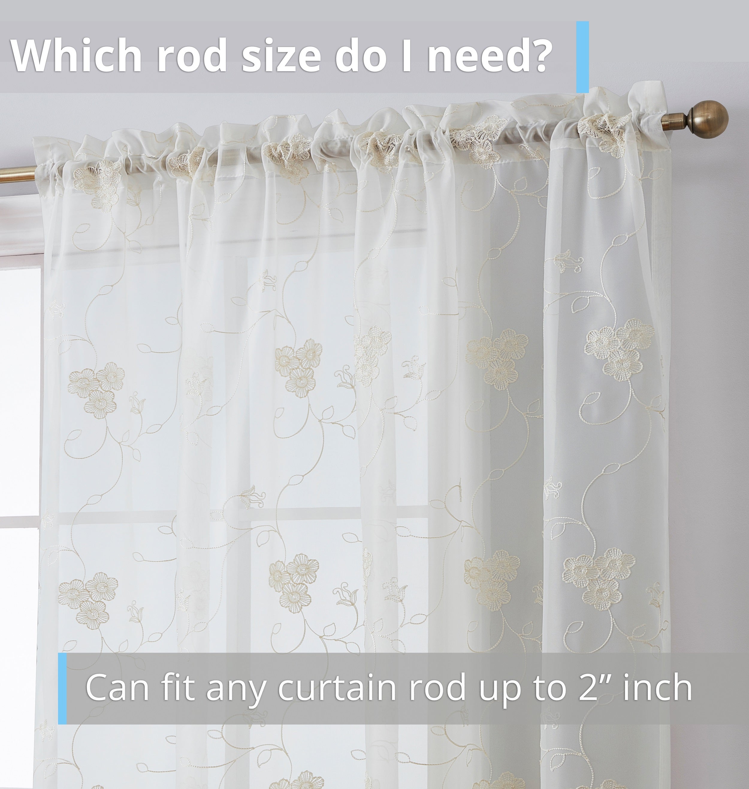 HLC.ME Allegra Floral Vine Embroidered Sheer Voile See Through Light Filtering Window Curtain Drapery Rod Pocket Top Panels for Living Room & Bedroom, Set of 2