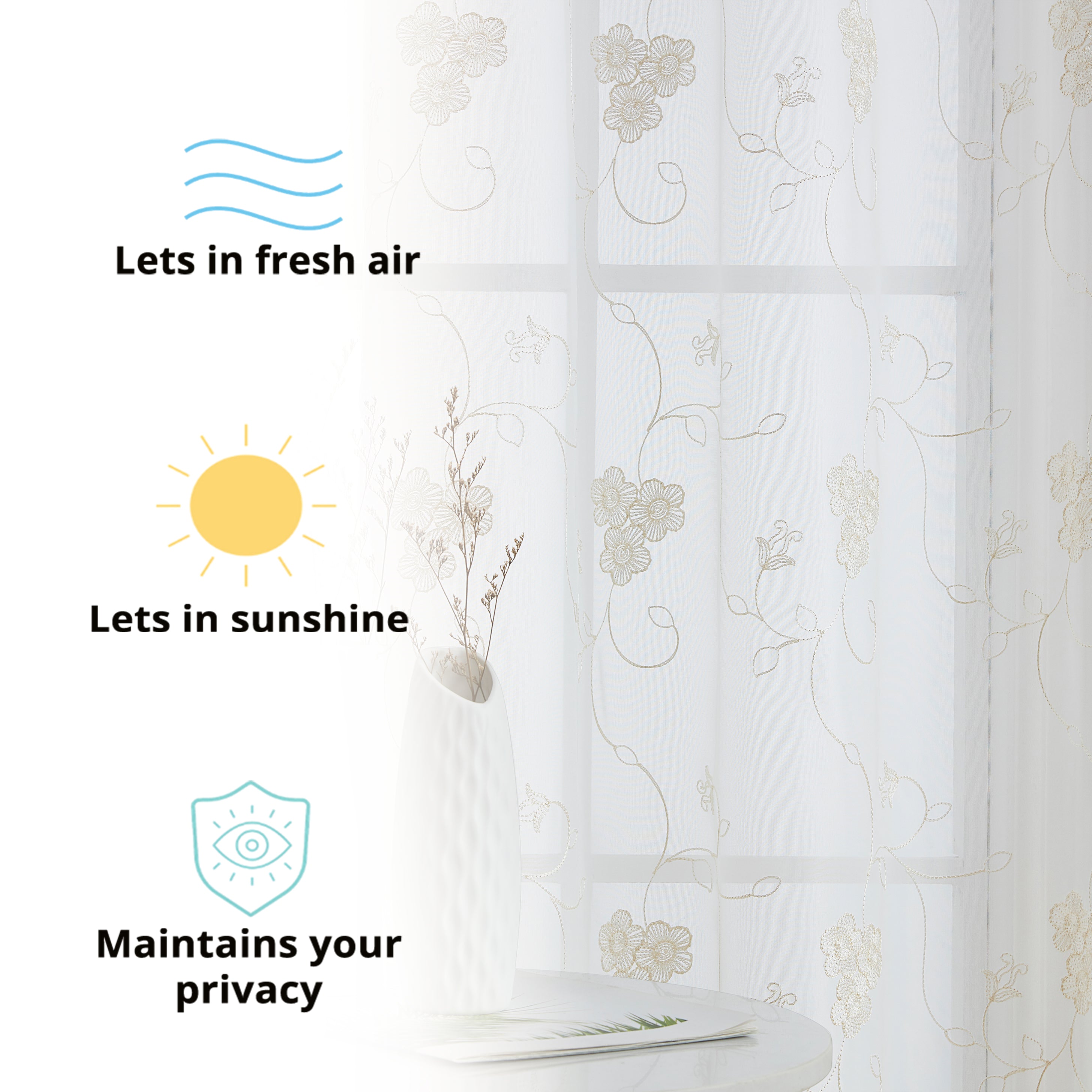 HLC.ME Allegra Floral Vine Embroidered Sheer Voile See Through Light Filtering Window Curtain Drapery Rod Pocket Top Panels for Living Room & Bedroom, Set of 2