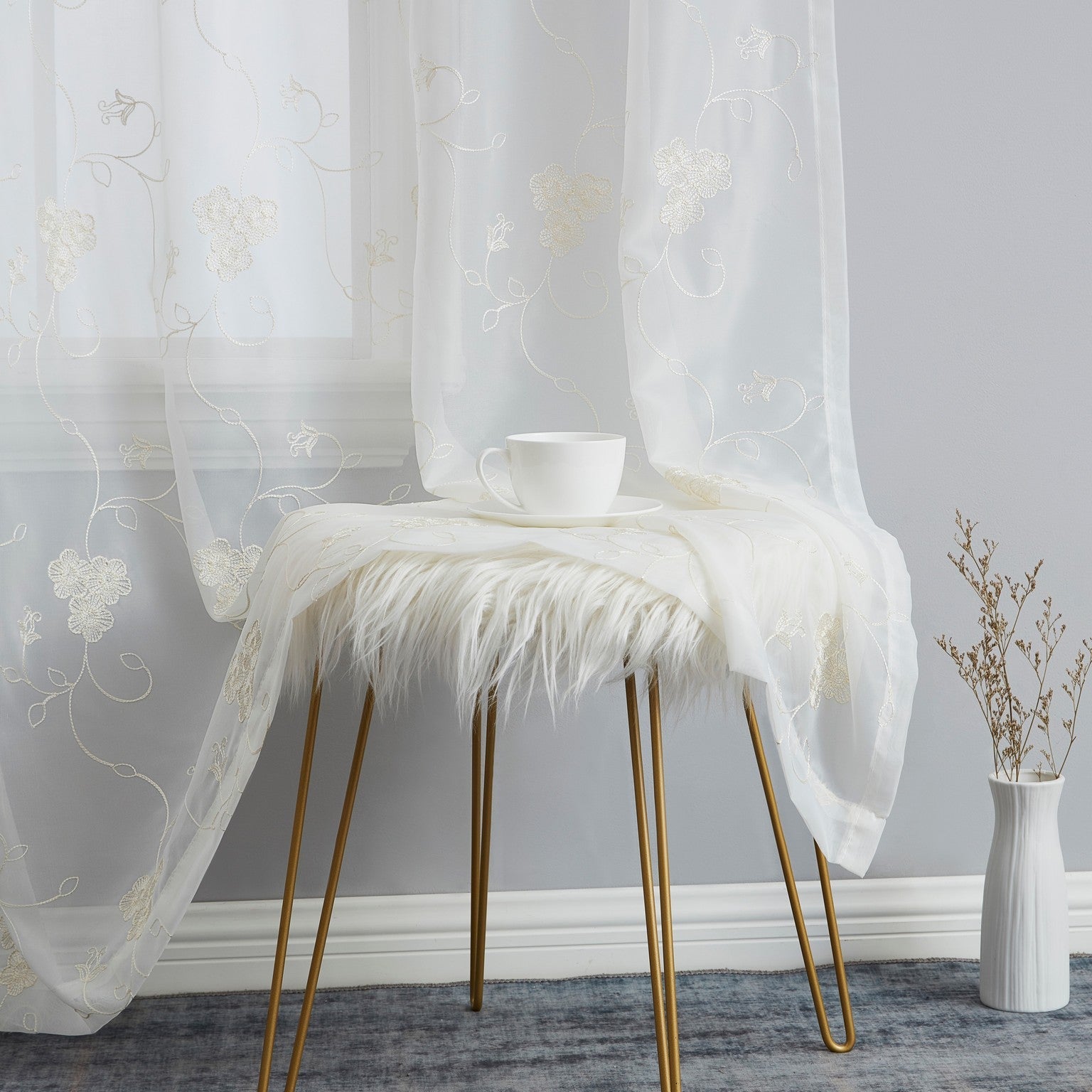 HLC.ME Allegra Floral Vine Embroidered Sheer Voile See Through Light Filtering Window Curtain Drapery Rod Pocket Top Panels for Living Room & Bedroom, Set of 2