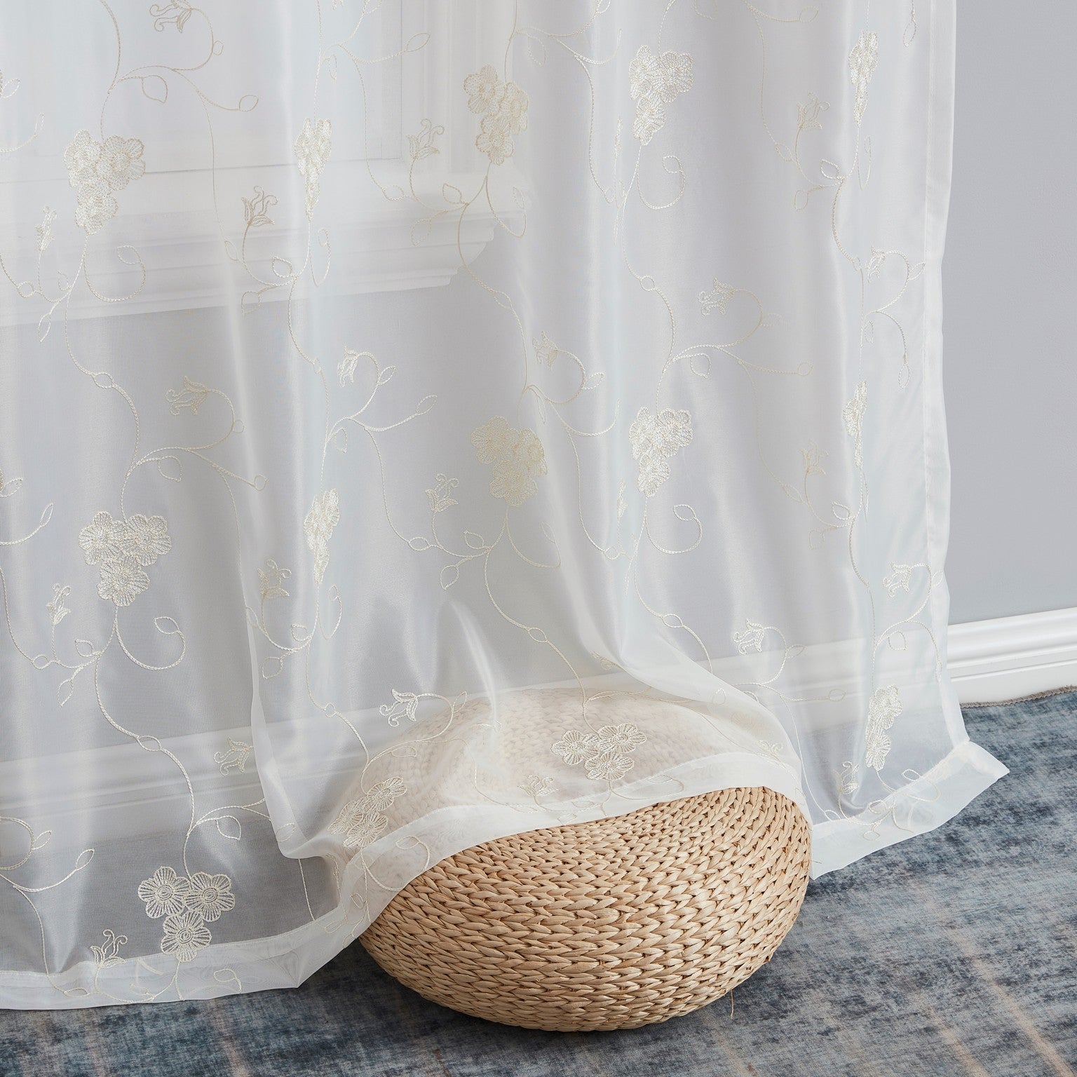 HLC.ME Allegra Floral Vine Embroidered Sheer Voile See Through Light Filtering Window Curtain Drapery Rod Pocket Top Panels for Living Room & Bedroom, Set of 2