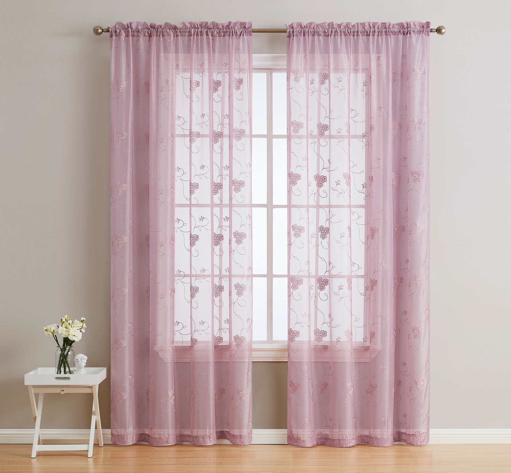 HLC.ME Allegra Floral Vine Embroidered Sheer Voile See Through Light Filtering Window Curtain Drapery Rod Pocket Top Panels for Living Room & Bedroom, Set of 2