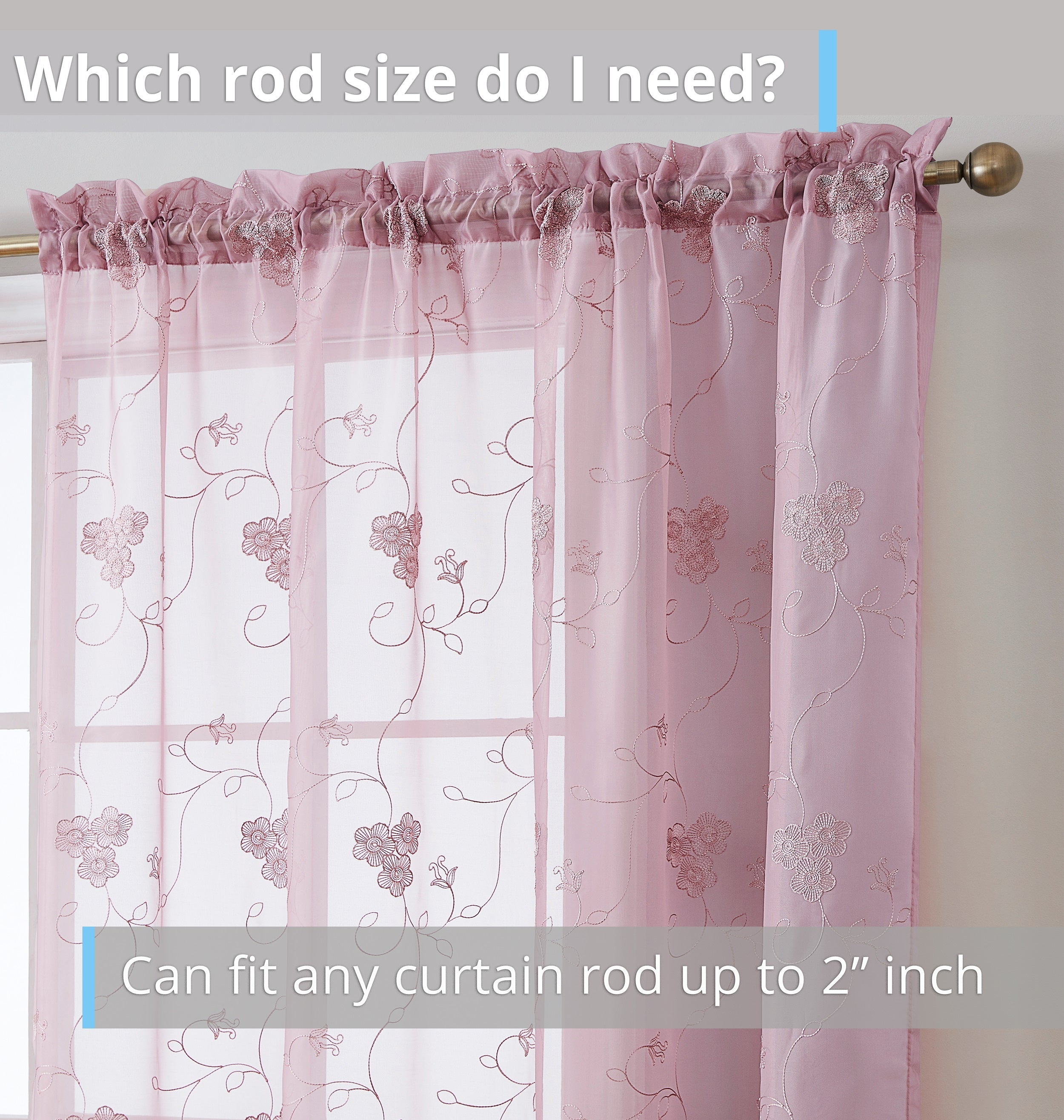 HLC.ME Allegra Floral Vine Embroidered Sheer Voile See Through Light Filtering Window Curtain Drapery Rod Pocket Top Panels for Living Room & Bedroom, Set of 2