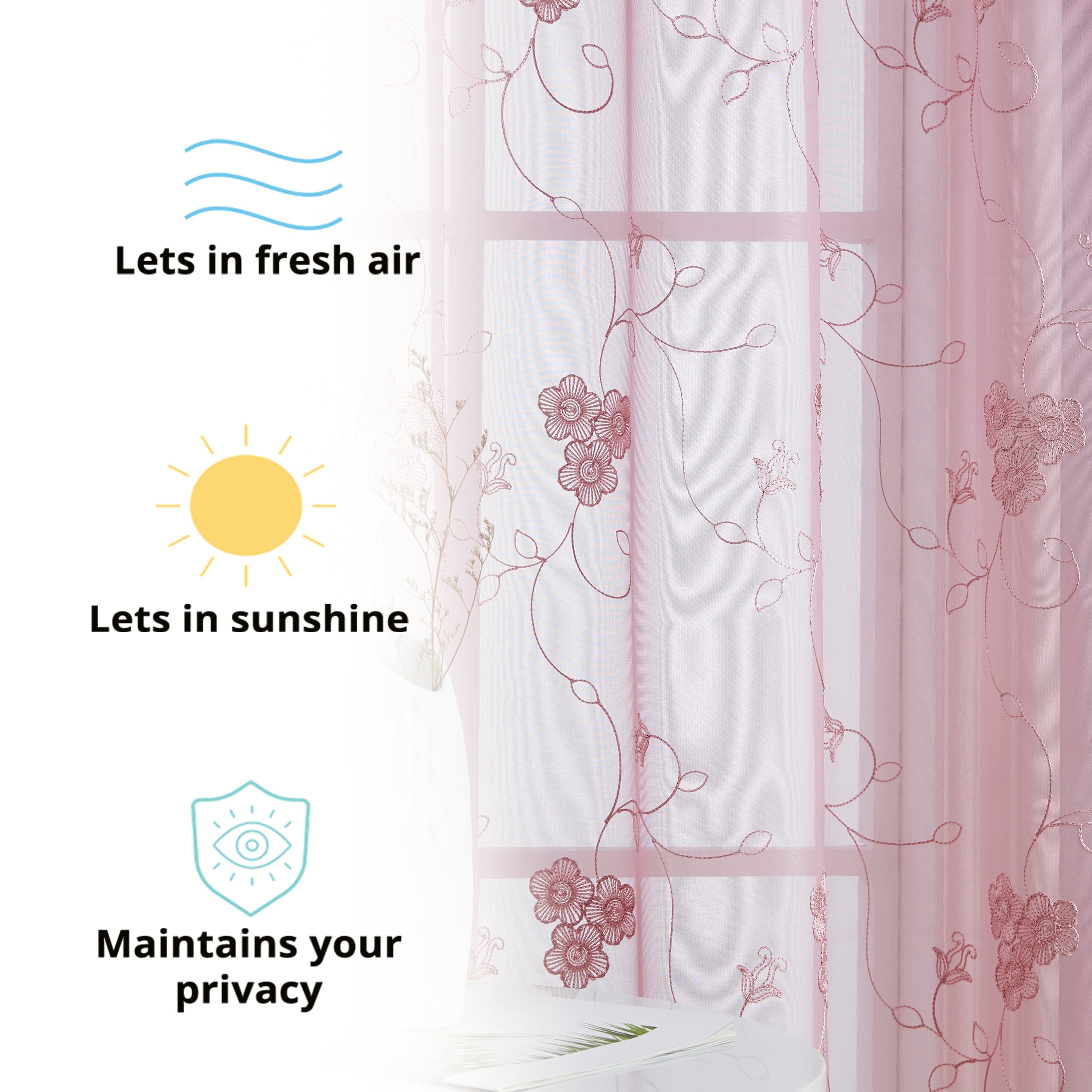 HLC.ME Allegra Floral Vine Embroidered Sheer Voile See Through Light Filtering Window Curtain Drapery Rod Pocket Top Panels for Living Room & Bedroom, Set of 2