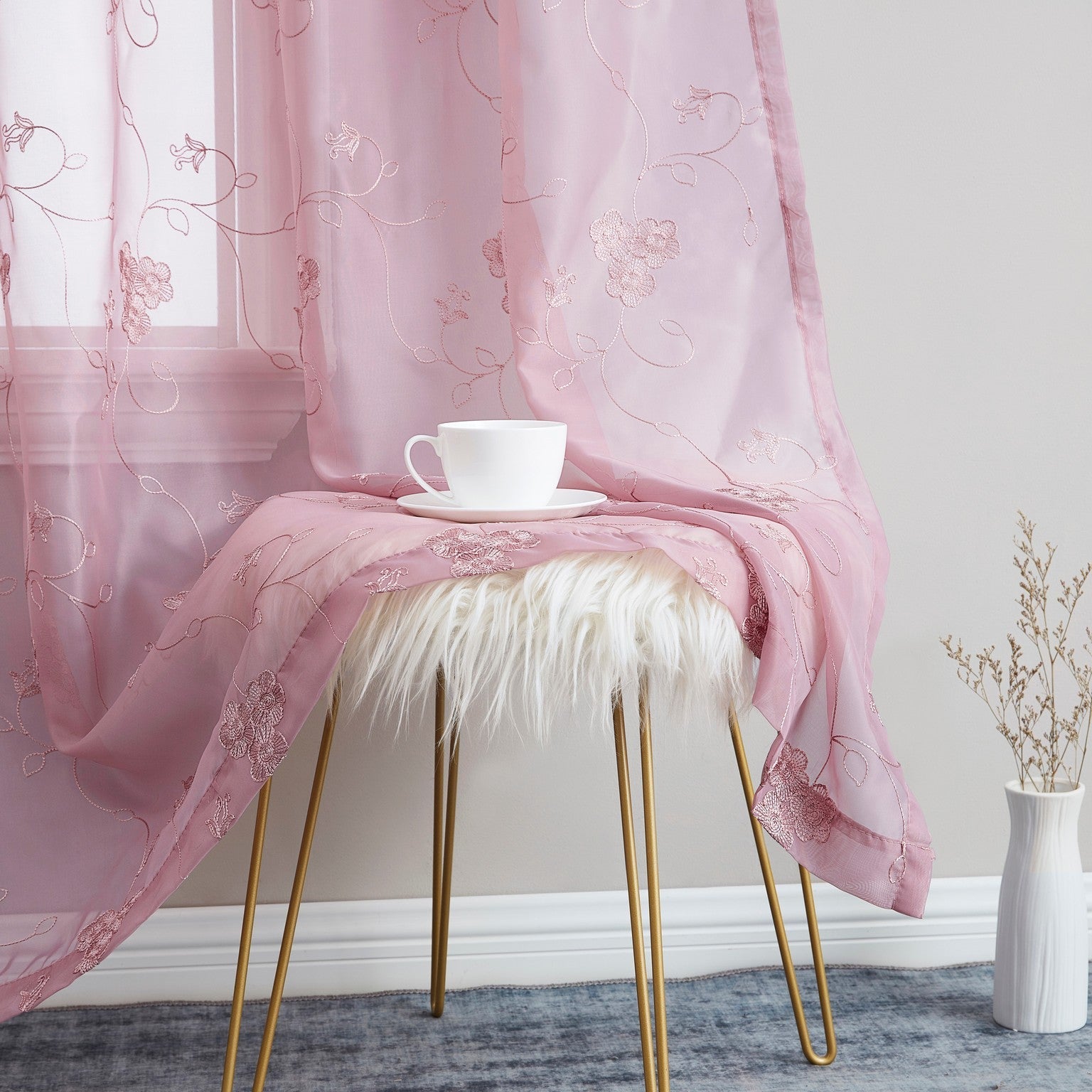 HLC.ME Allegra Floral Vine Embroidered Sheer Voile See Through Light Filtering Window Curtain Drapery Rod Pocket Top Panels for Living Room & Bedroom, Set of 2