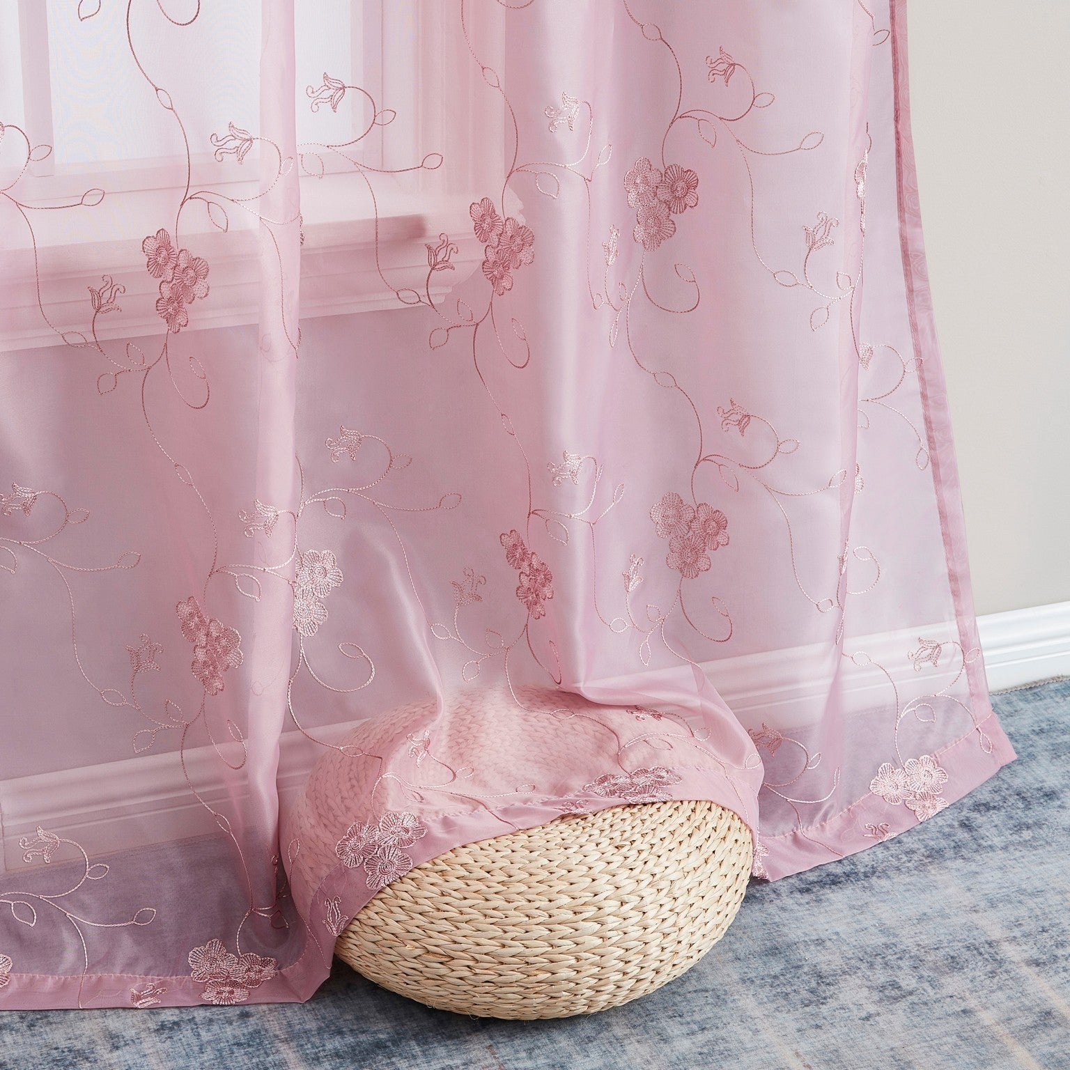 HLC.ME Allegra Floral Vine Embroidered Sheer Voile See Through Light Filtering Window Curtain Drapery Rod Pocket Top Panels for Living Room & Bedroom, Set of 2