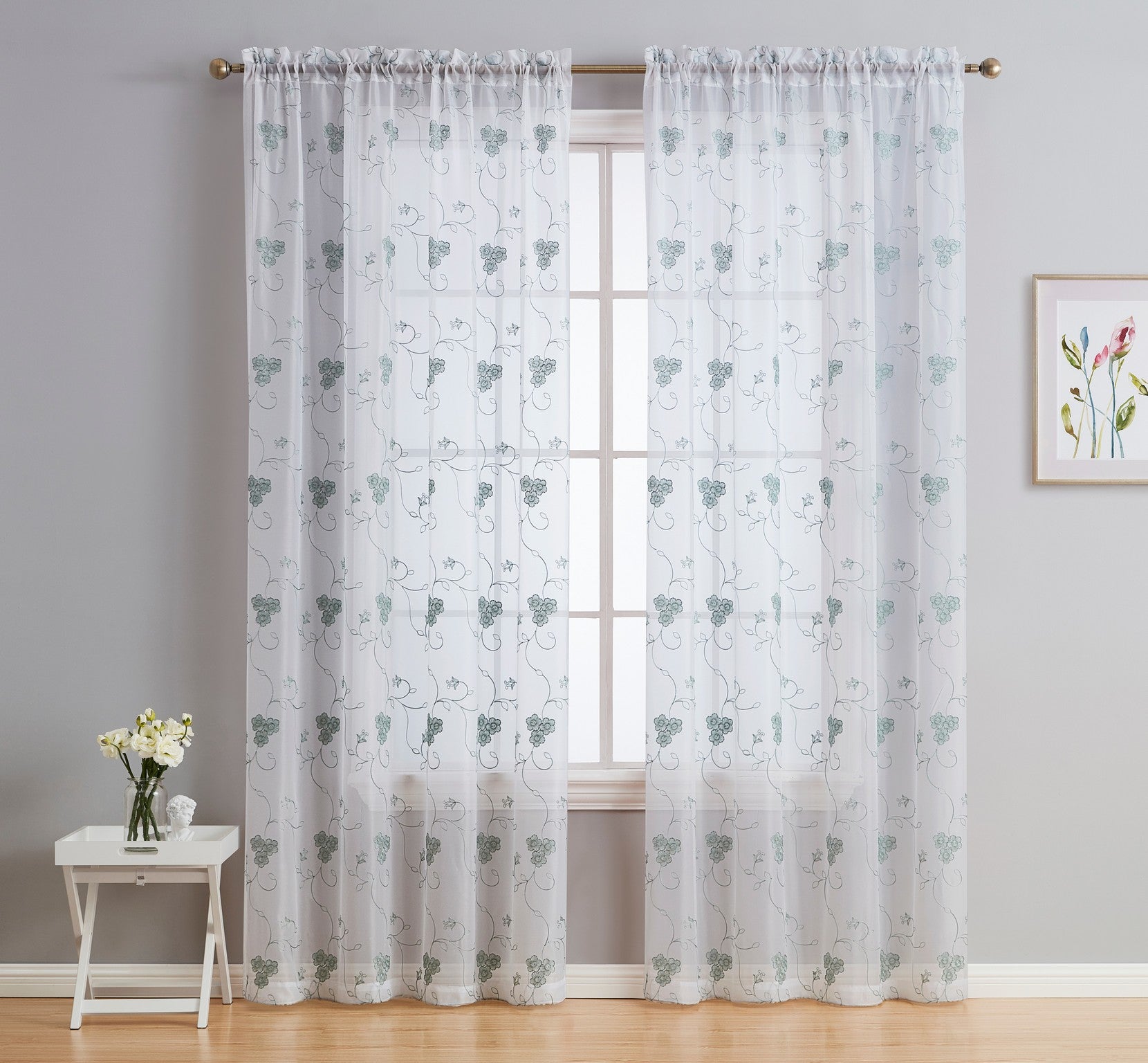 HLC.ME Allegra Floral Vine Embroidered Sheer Voile See Through Light Filtering Window Curtain Drapery Rod Pocket Top Panels for Living Room & Bedroom, Set of 2