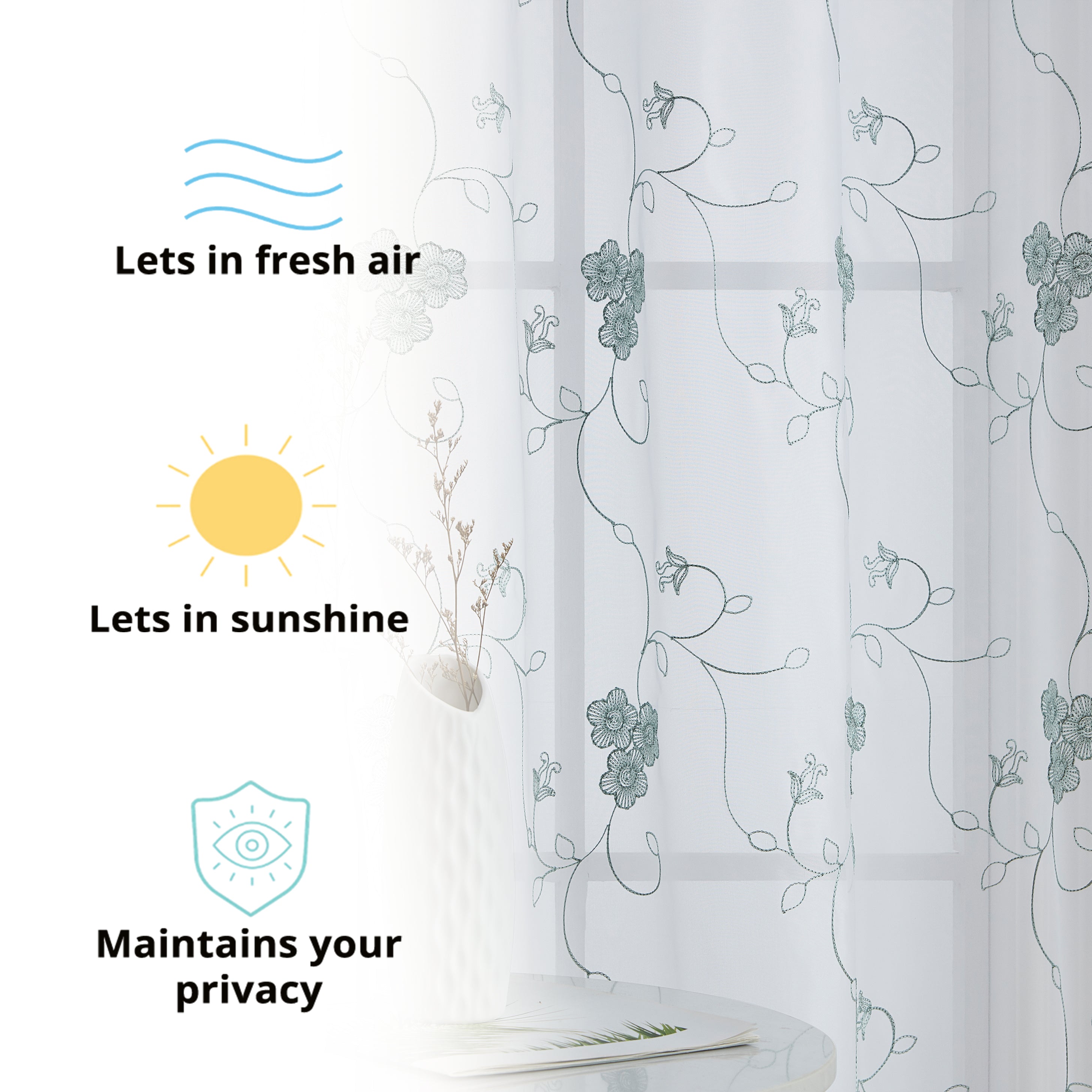 HLC.ME Allegra Floral Vine Embroidered Sheer Voile See Through Light Filtering Window Curtain Drapery Rod Pocket Top Panels for Living Room & Bedroom, Set of 2