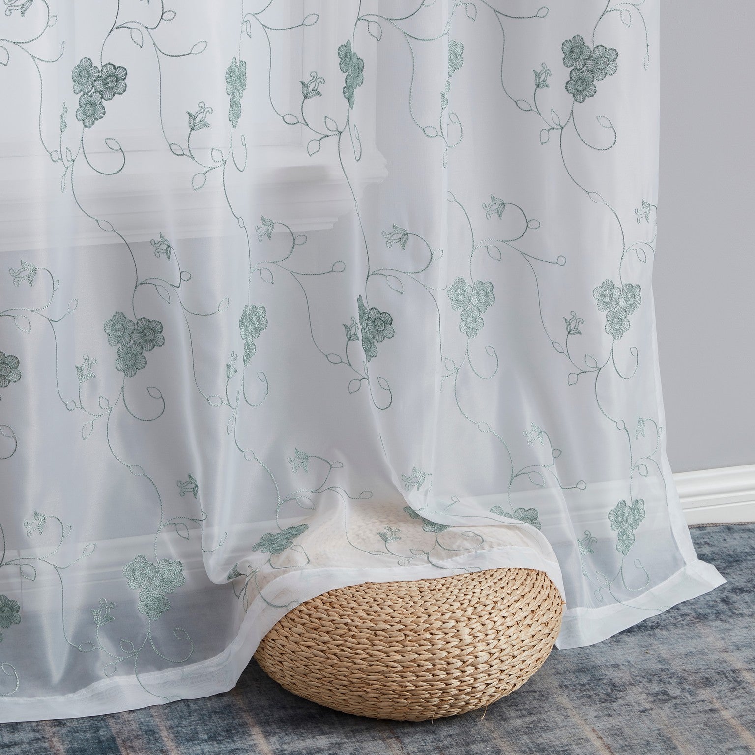 HLC.ME Allegra Floral Vine Embroidered Sheer Voile See Through Light Filtering Window Curtain Drapery Rod Pocket Top Panels for Living Room & Bedroom, Set of 2