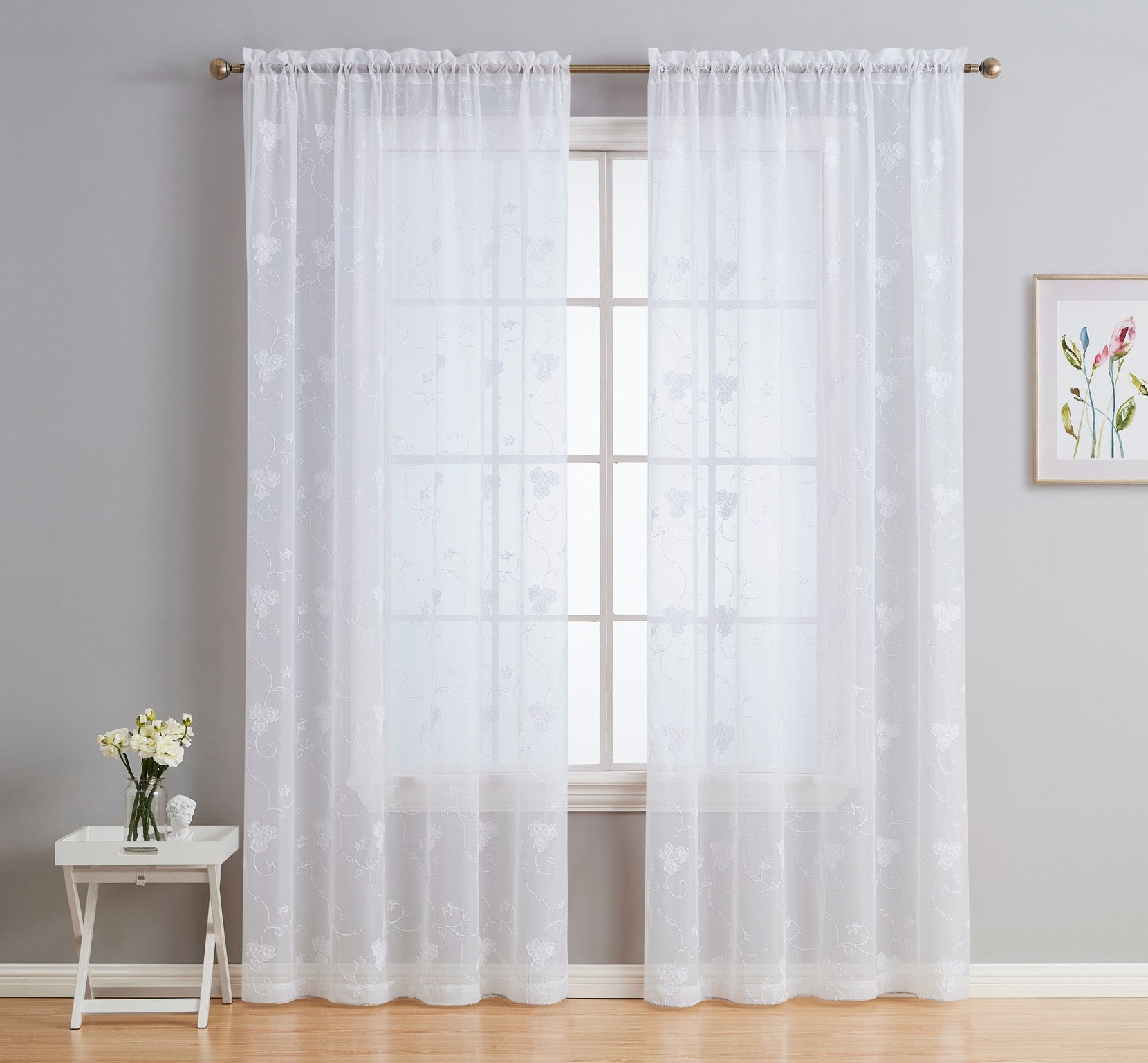 HLC.ME Allegra Floral Vine Embroidered Sheer Voile See Through Light Filtering Window Curtain Drapery Rod Pocket Top Panels for Living Room & Bedroom, Set of 2