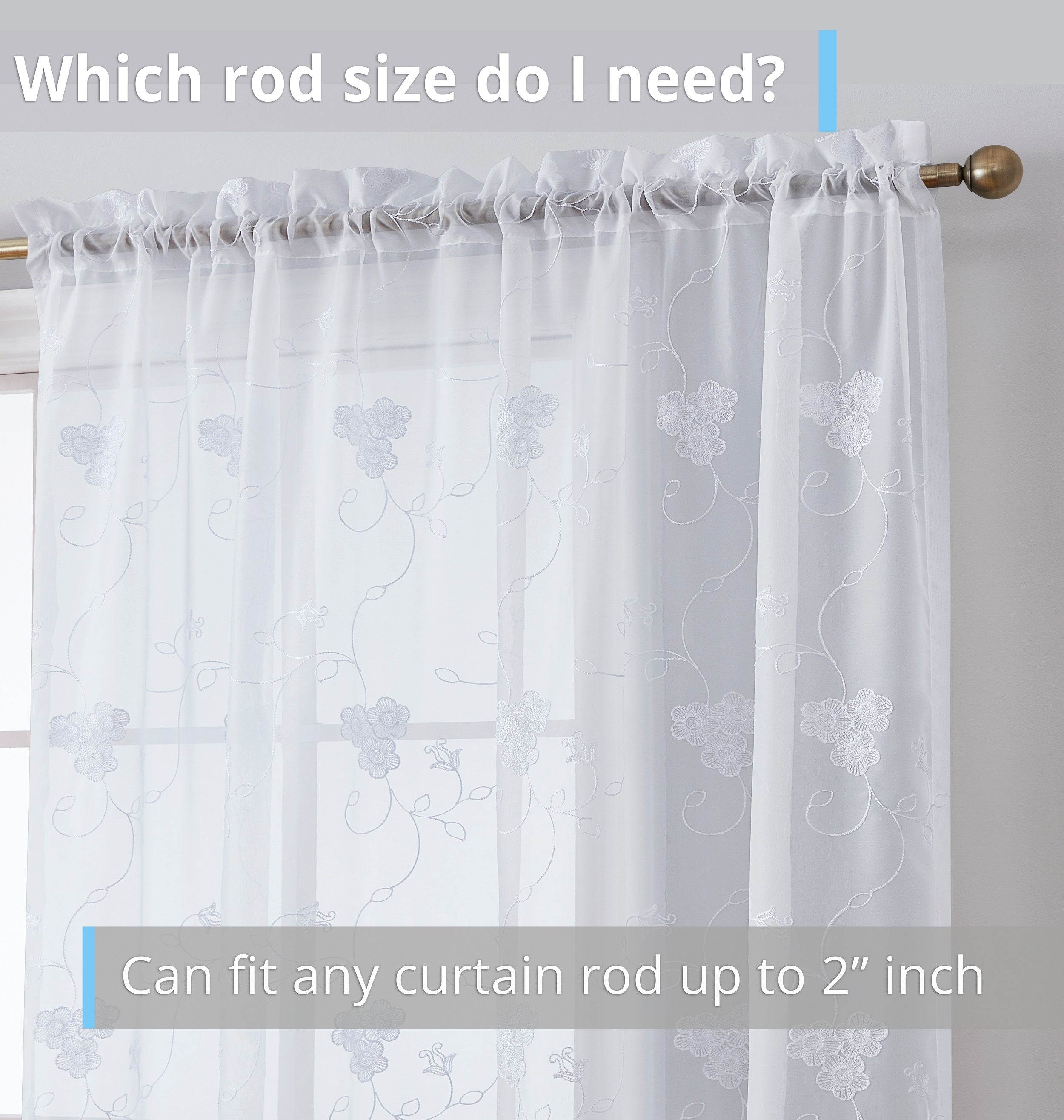 HLC.ME Allegra Floral Vine Embroidered Sheer Voile See Through Light Filtering Window Curtain Drapery Rod Pocket Top Panels for Living Room & Bedroom, Set of 2