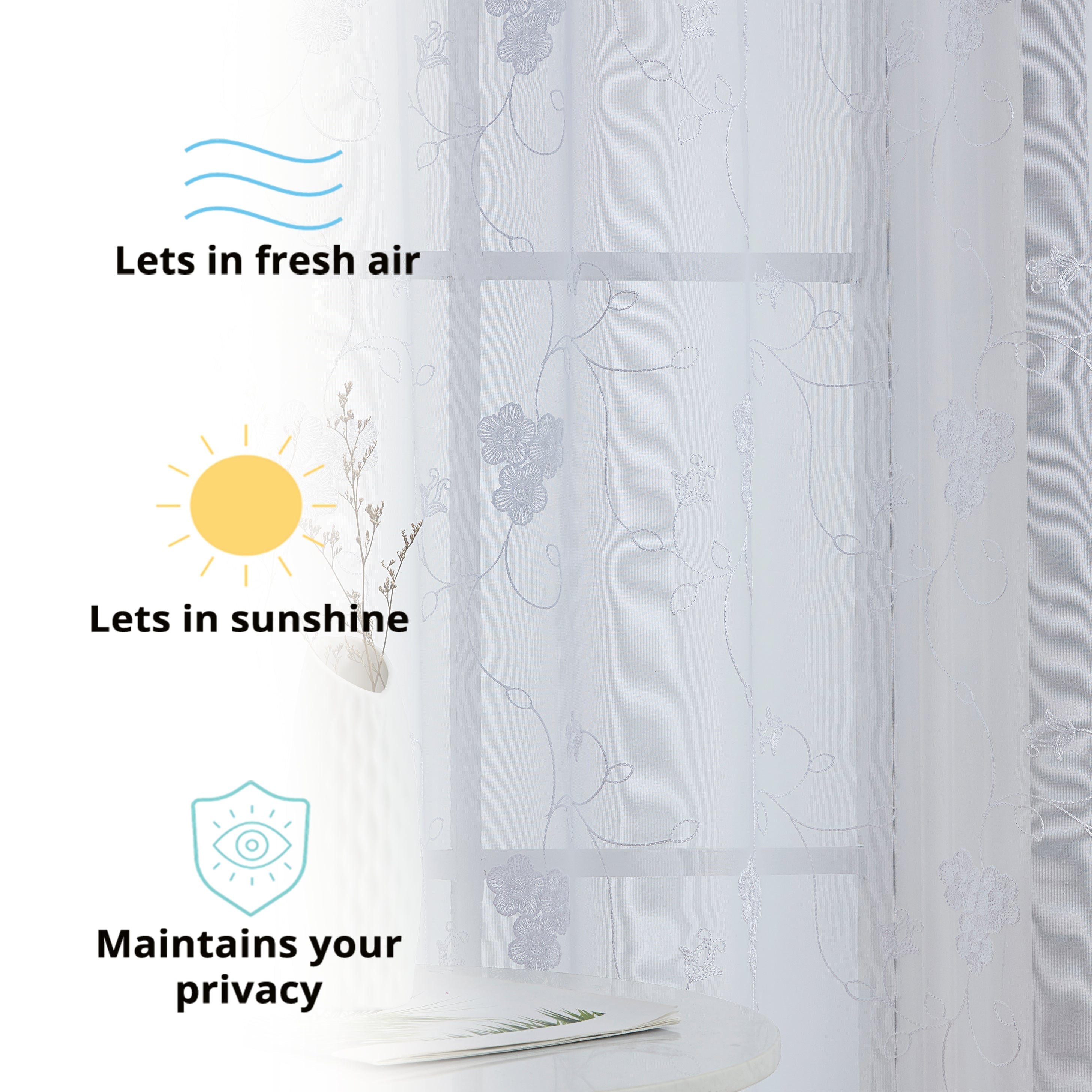 HLC.ME Allegra Floral Vine Embroidered Sheer Voile See Through Light Filtering Window Curtain Drapery Rod Pocket Top Panels for Living Room & Bedroom, Set of 2