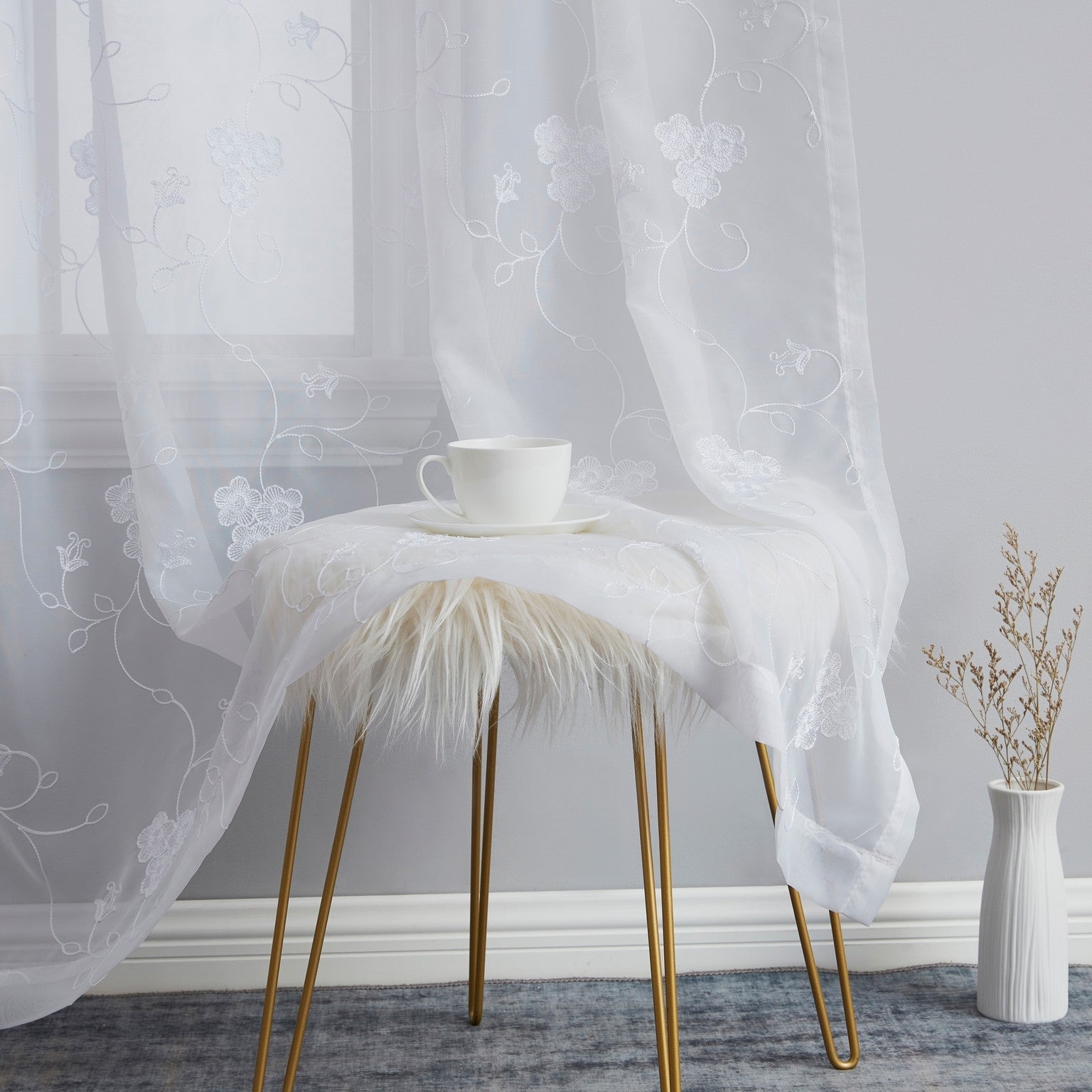 HLC.ME Allegra Floral Vine Embroidered Sheer Voile See Through Light Filtering Window Curtain Drapery Rod Pocket Top Panels for Living Room & Bedroom, Set of 2