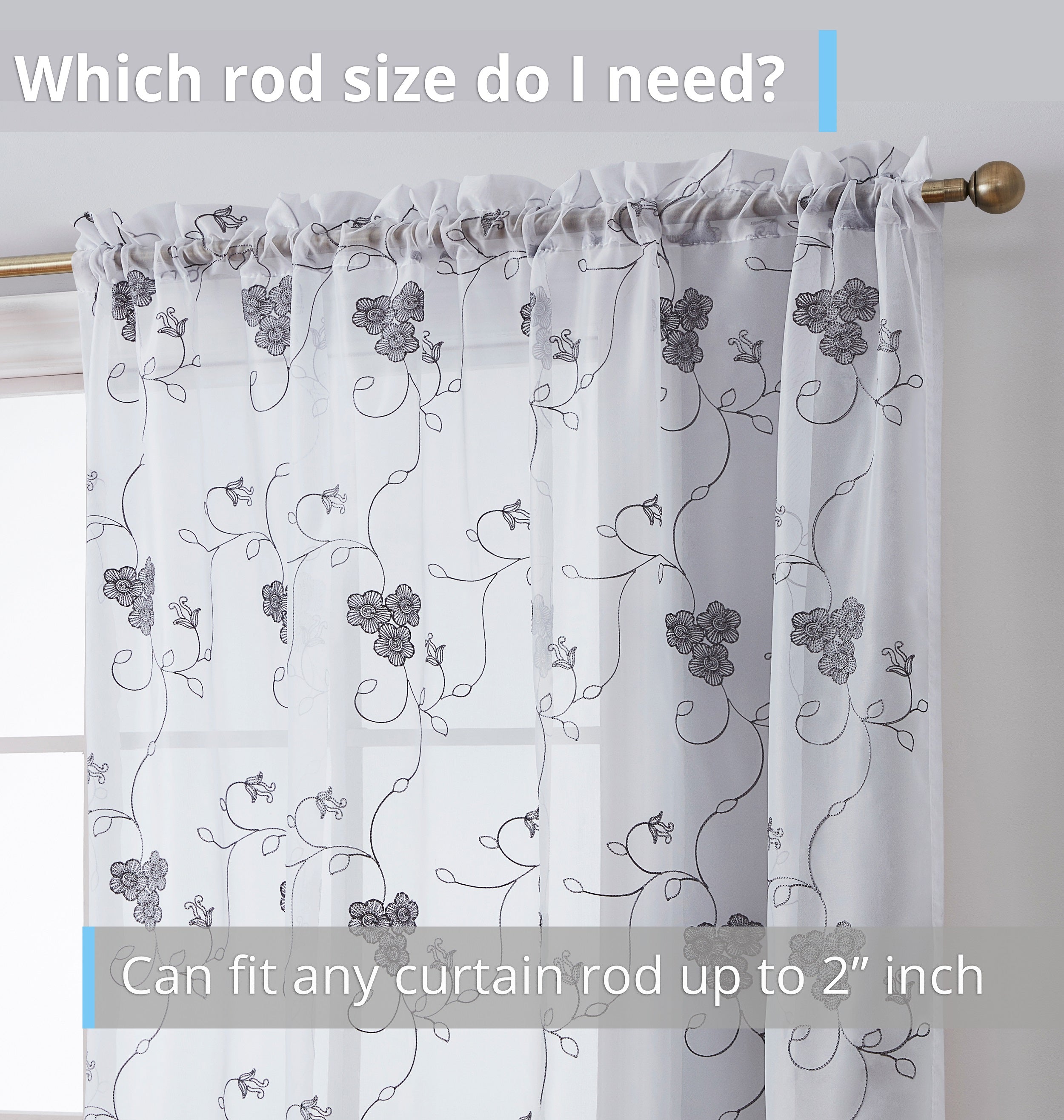 HLC.ME Allegra Floral Vine Embroidered Sheer Voile See Through Light Filtering Window Curtain Drapery Rod Pocket Top Panels for Living Room & Bedroom, Set of 2