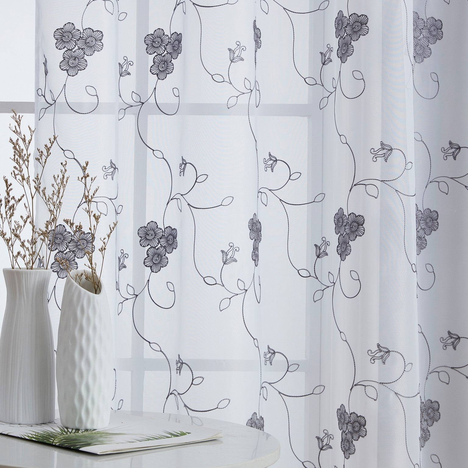 HLC.ME Allegra Floral Vine Embroidered Sheer Voile See Through Light Filtering Window Curtain Drapery Rod Pocket Top Panels for Living Room & Bedroom, Set of 2