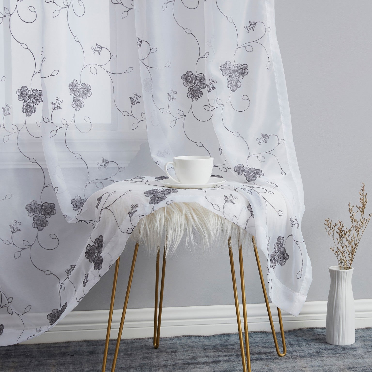 HLC.ME Allegra Floral Vine Embroidered Sheer Voile See Through Light Filtering Window Curtain Drapery Rod Pocket Top Panels for Living Room & Bedroom, Set of 2