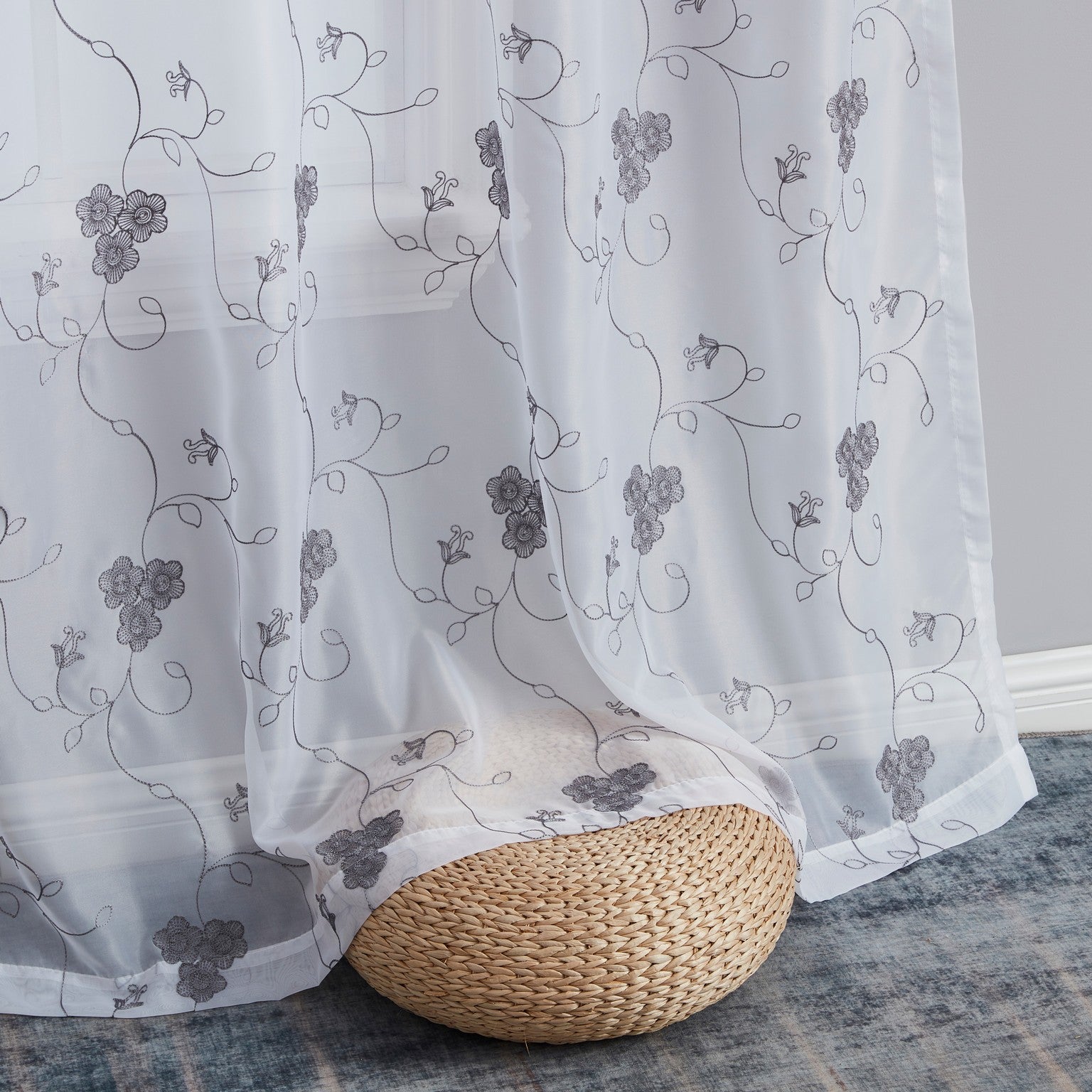 HLC.ME Allegra Floral Vine Embroidered Sheer Voile See Through Light Filtering Window Curtain Drapery Rod Pocket Top Panels for Living Room & Bedroom, Set of 2