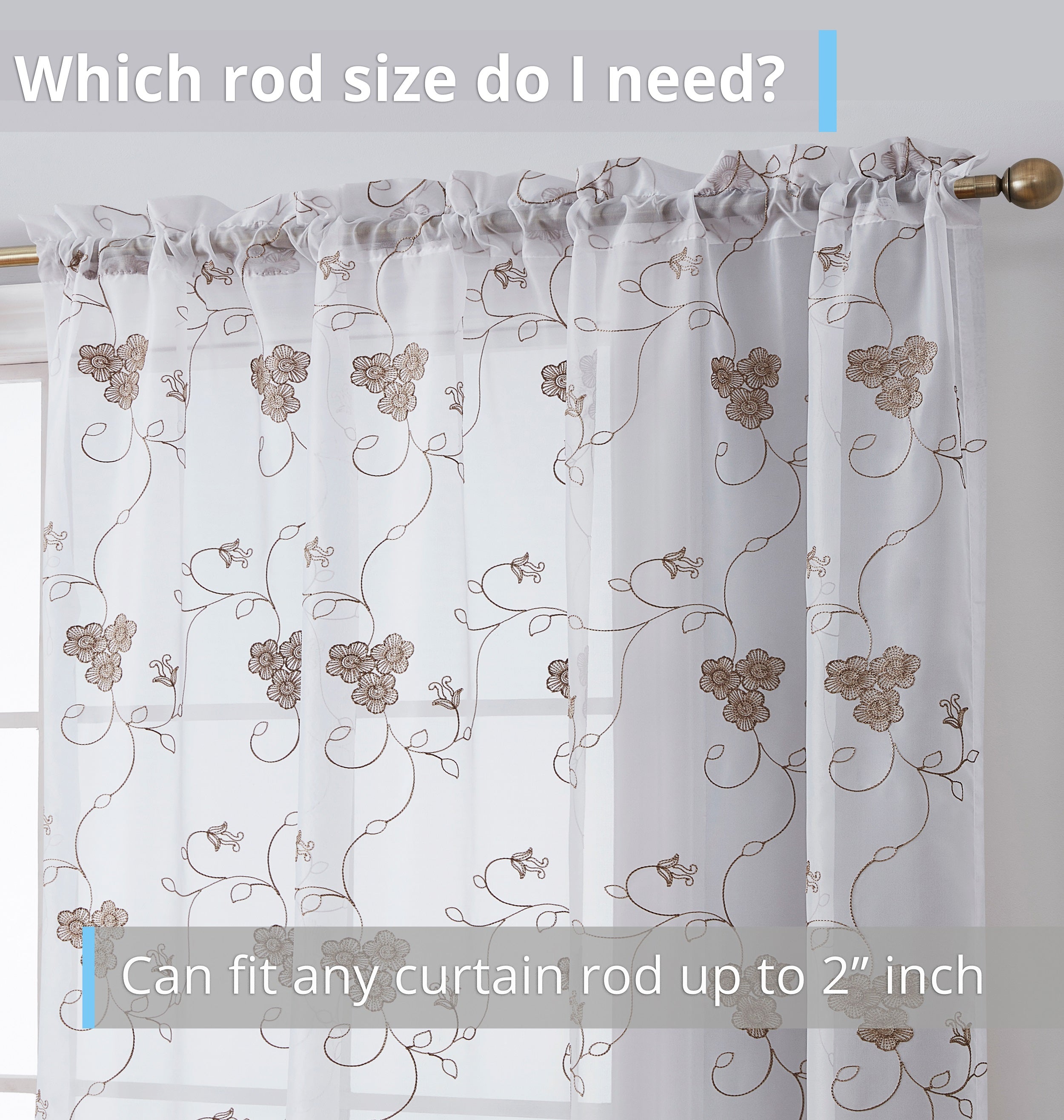 HLC.ME Allegra Floral Vine Embroidered Sheer Voile See Through Light Filtering Window Curtain Drapery Rod Pocket Top Panels for Living Room & Bedroom, Set of 2