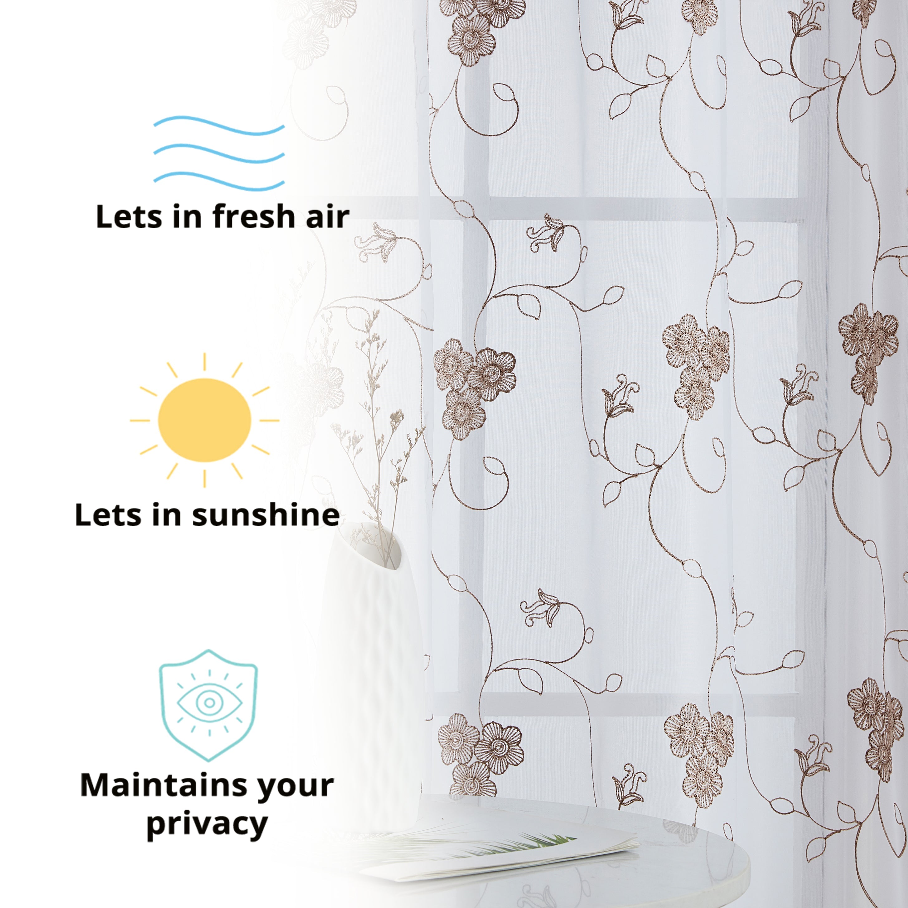 HLC.ME Allegra Floral Vine Embroidered Sheer Voile See Through Light Filtering Window Curtain Drapery Rod Pocket Top Panels for Living Room & Bedroom, Set of 2