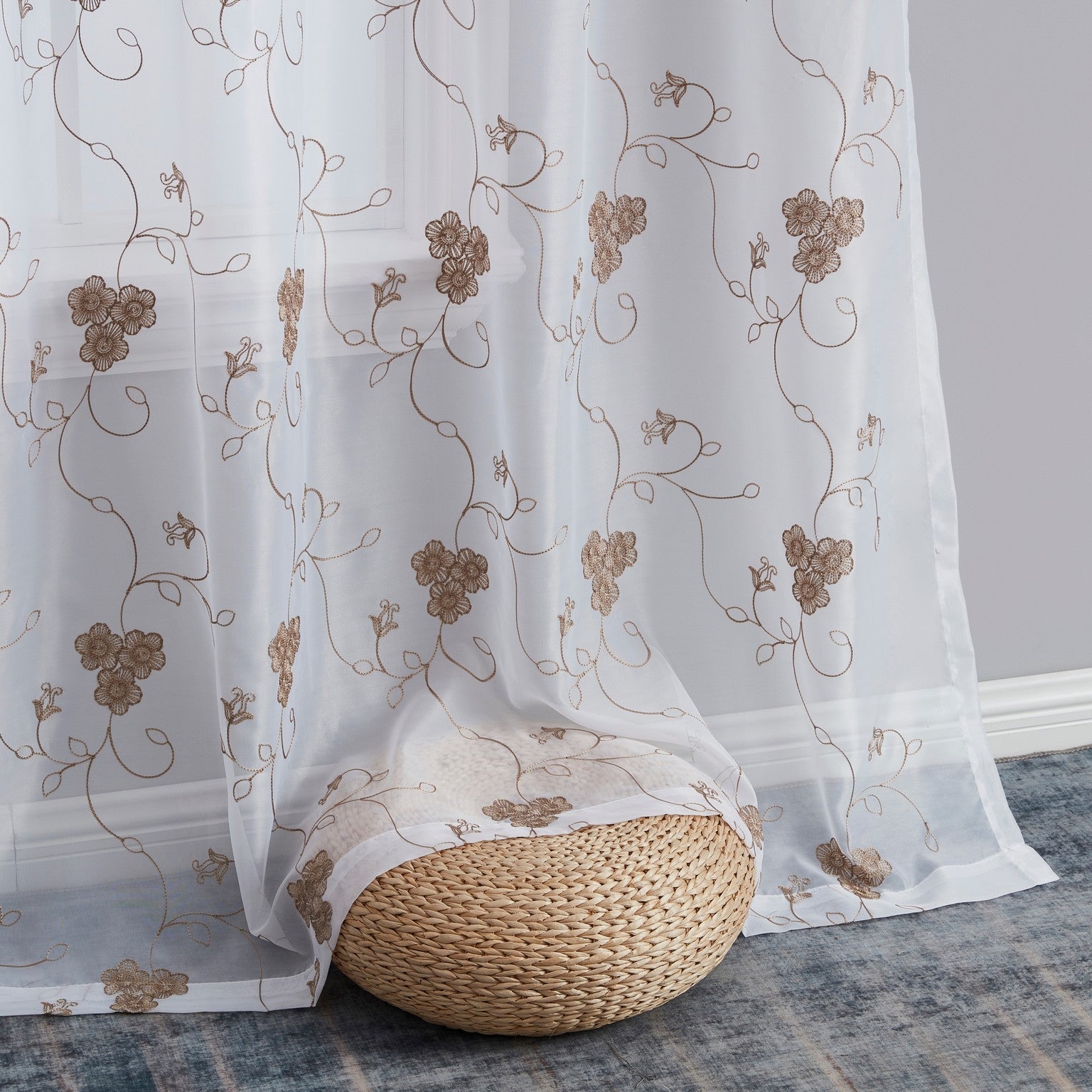 HLC.ME Allegra Floral Vine Embroidered Sheer Voile See Through Light Filtering Window Curtain Drapery Rod Pocket Top Panels for Living Room & Bedroom, Set of 2