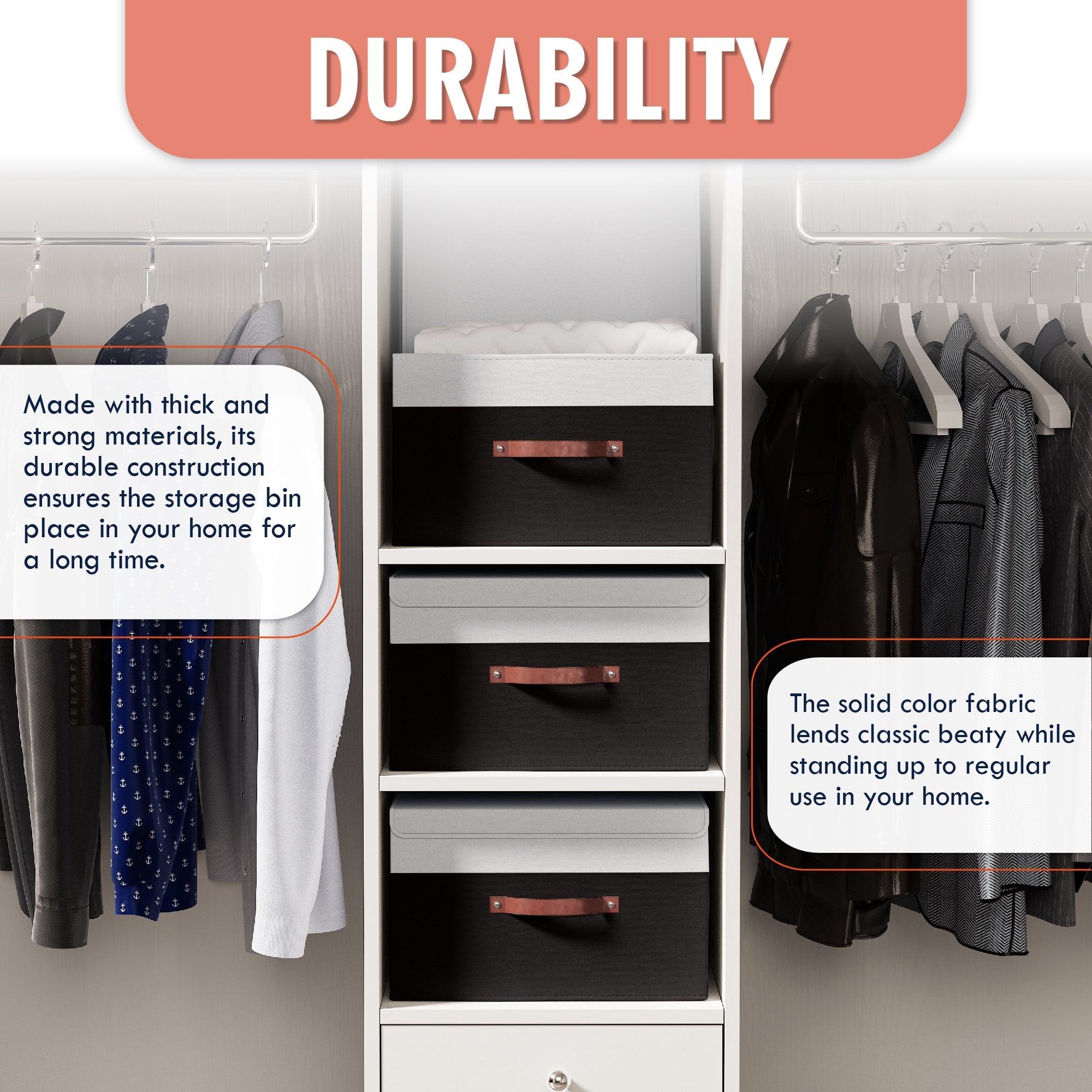 Storage Bins Linen w/ Leather Handles and Lid (3 Pack)