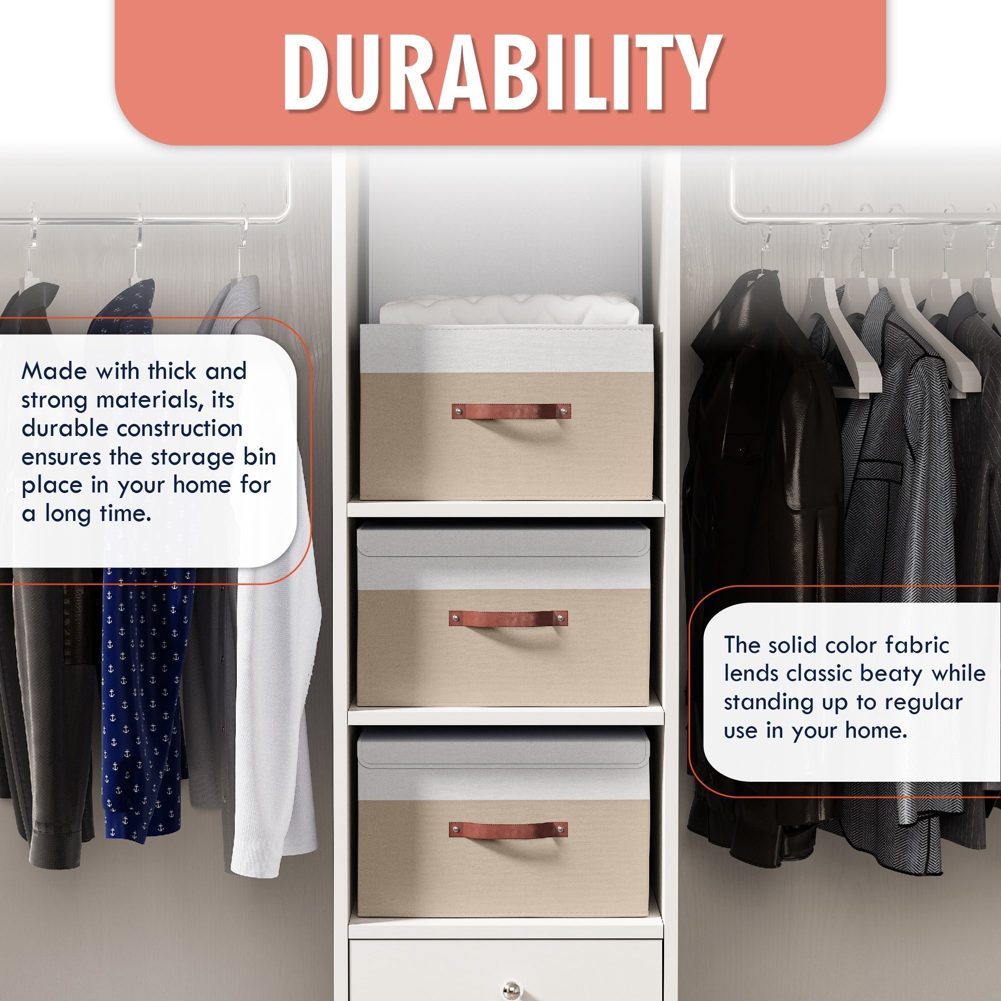 Storage Bins Linen w/ Leather Handles and Lid (3 Pack)