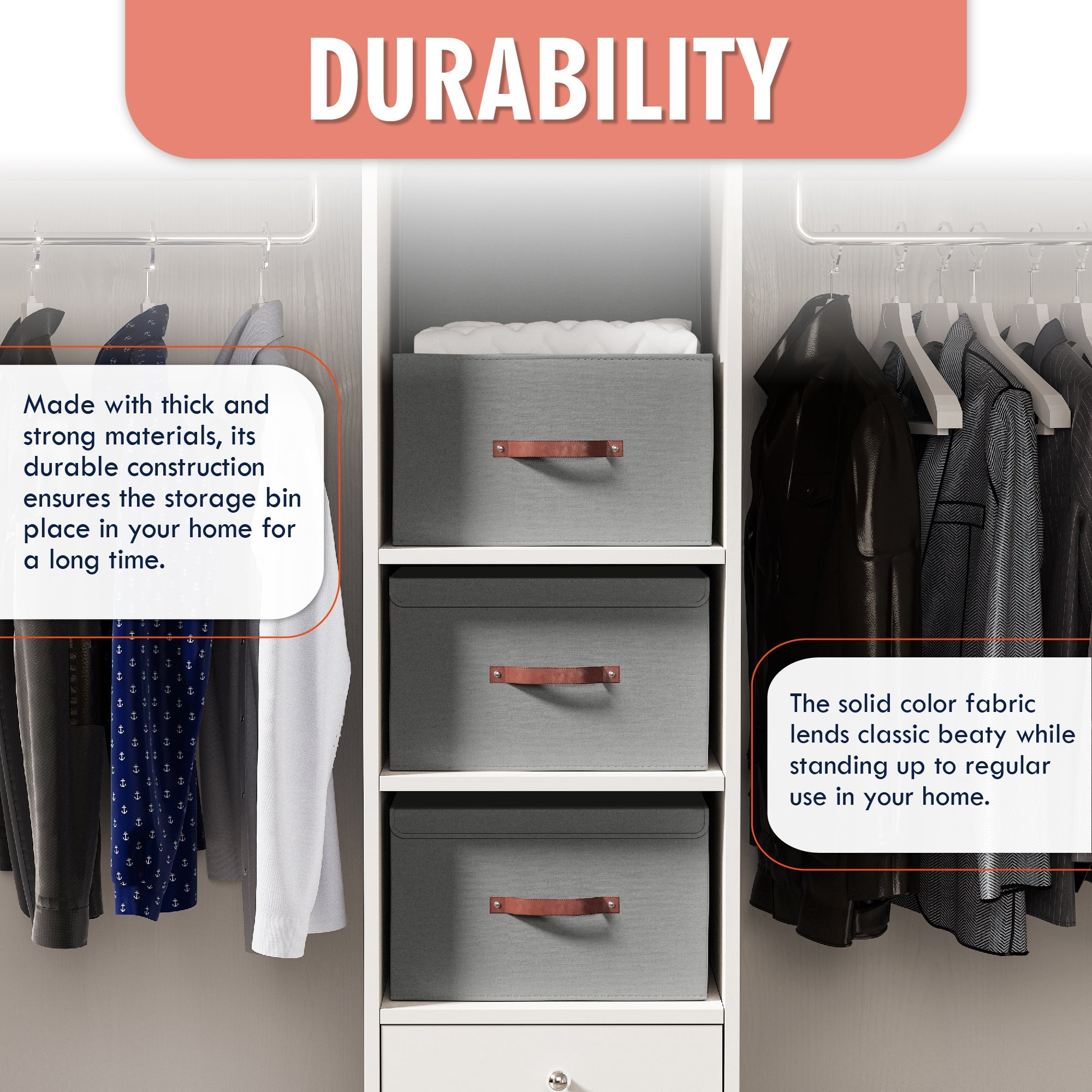 Storage Bins Linen w/ Leather Handles and Lid (3 Pack)