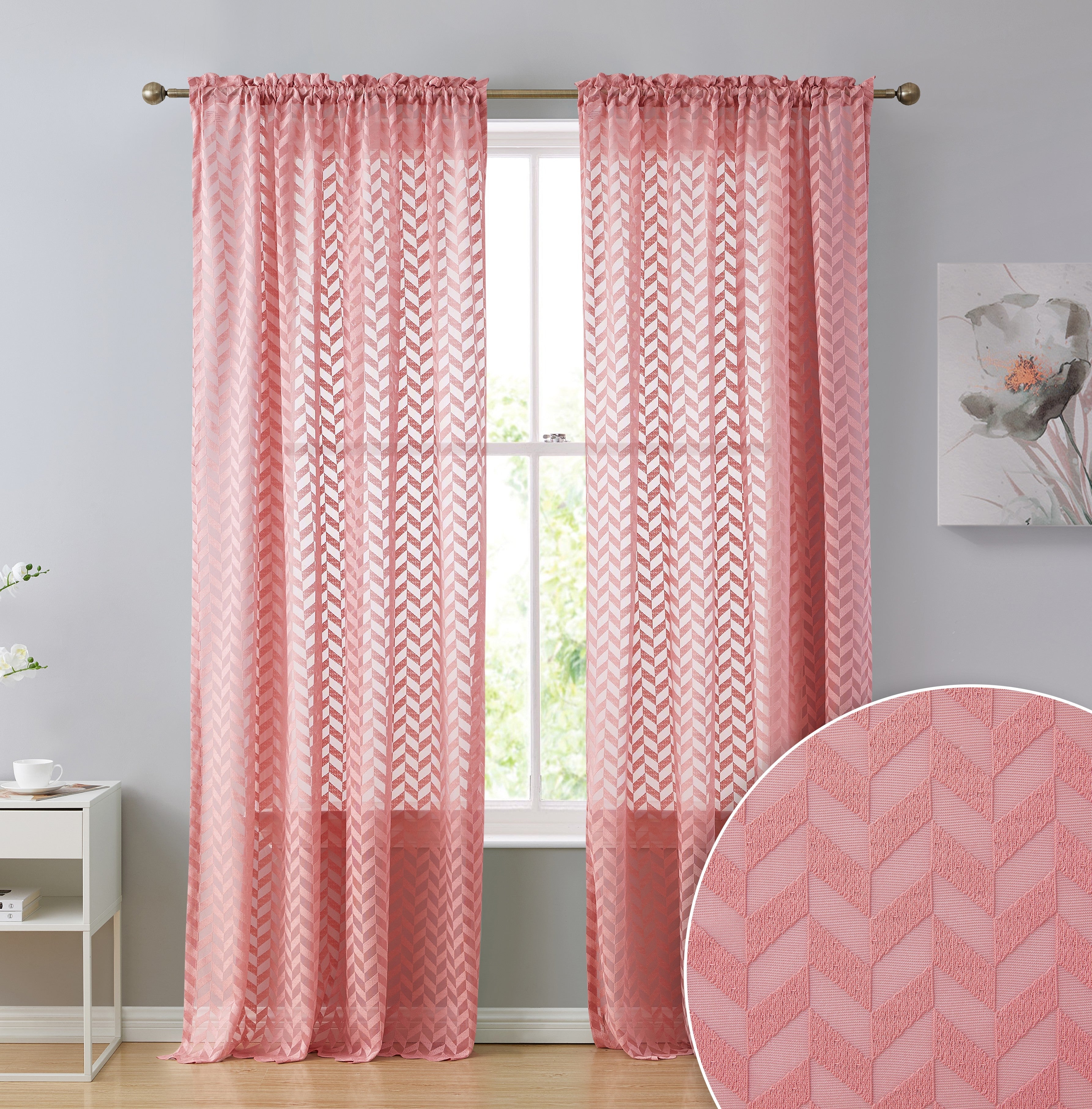 Herringbone Lace Sheer Rod Pocket Curtain Panels
