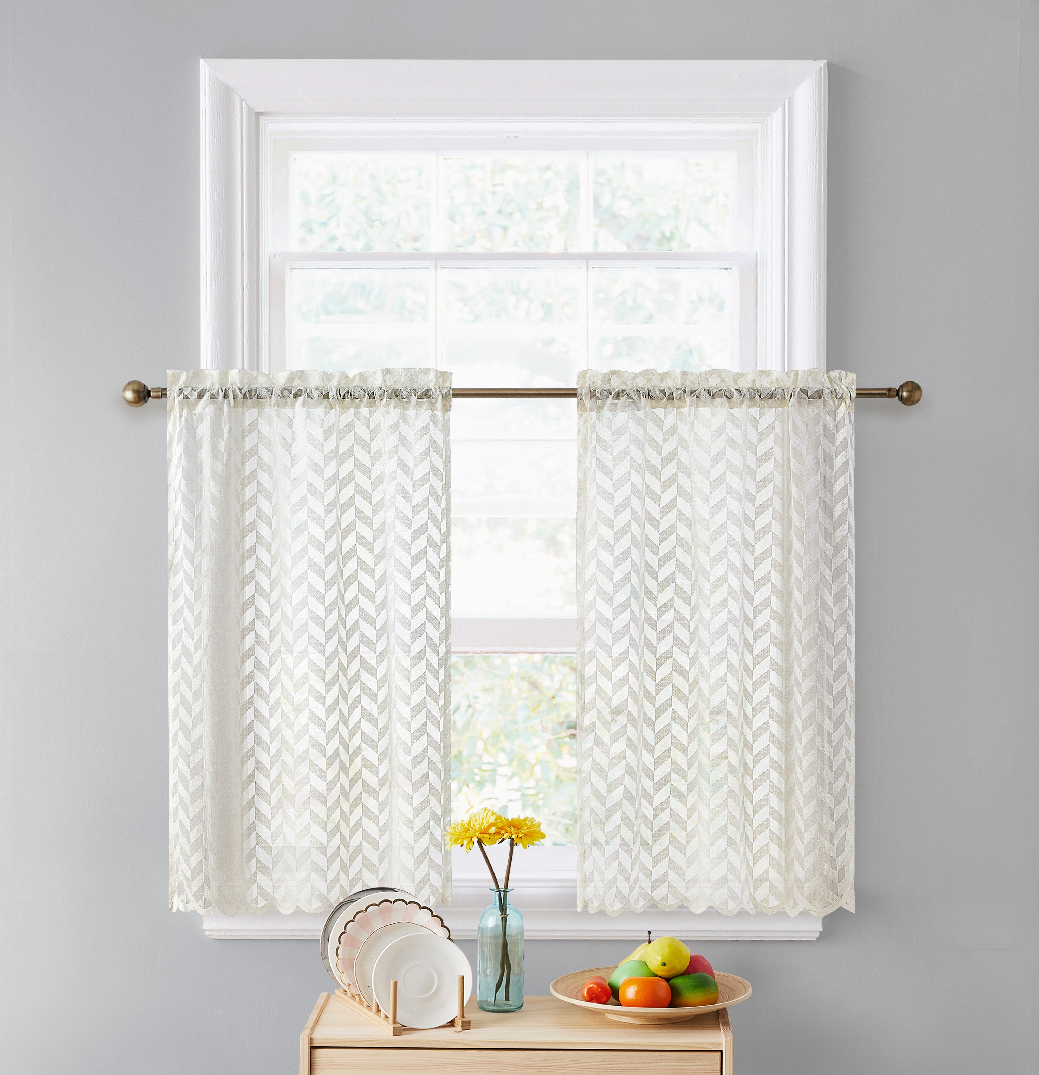 Herringbone Lace Sheer Rod Pocket Cafe Tiers
