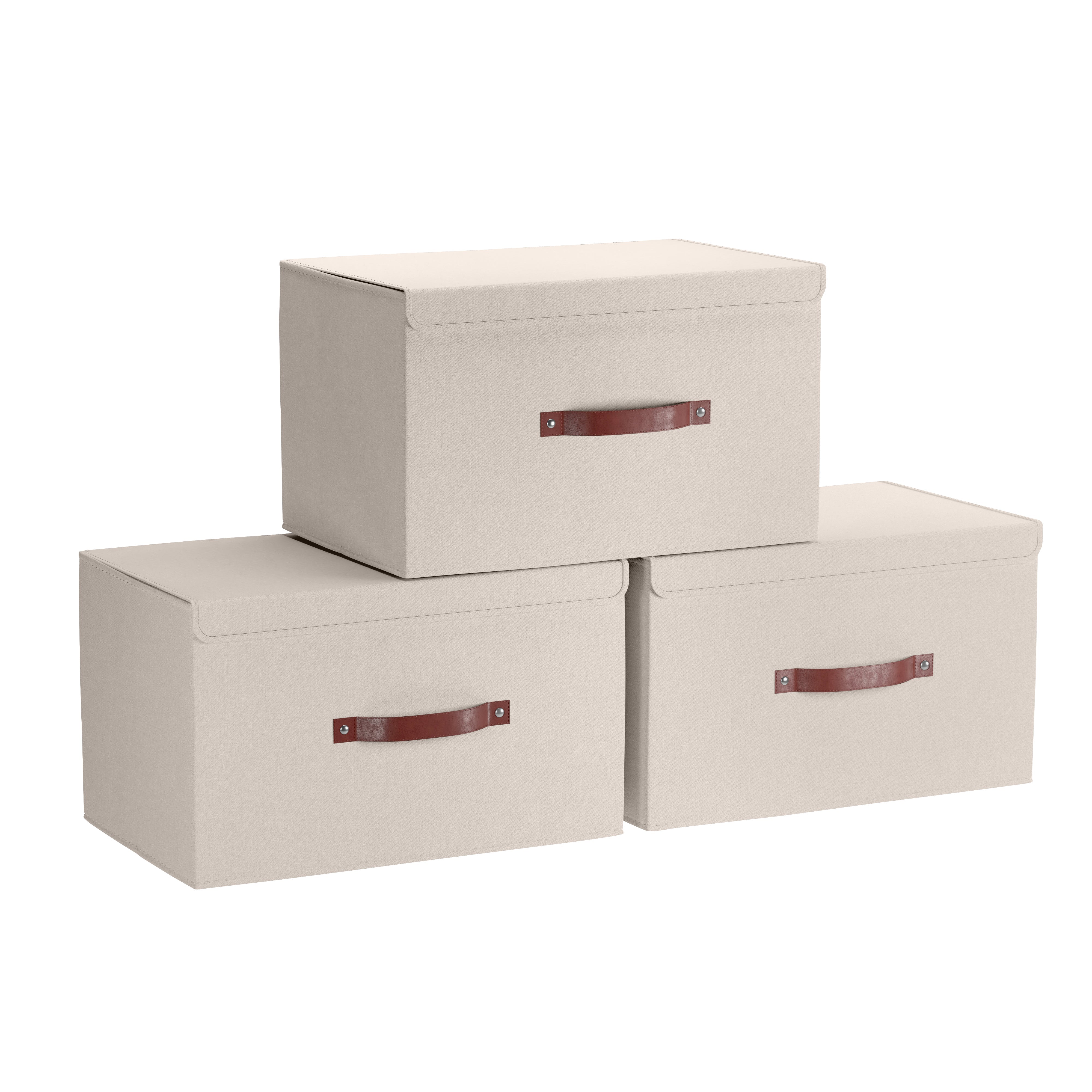 Storage Bins Linen w/ Leather Handles and Lid (3 Pack)