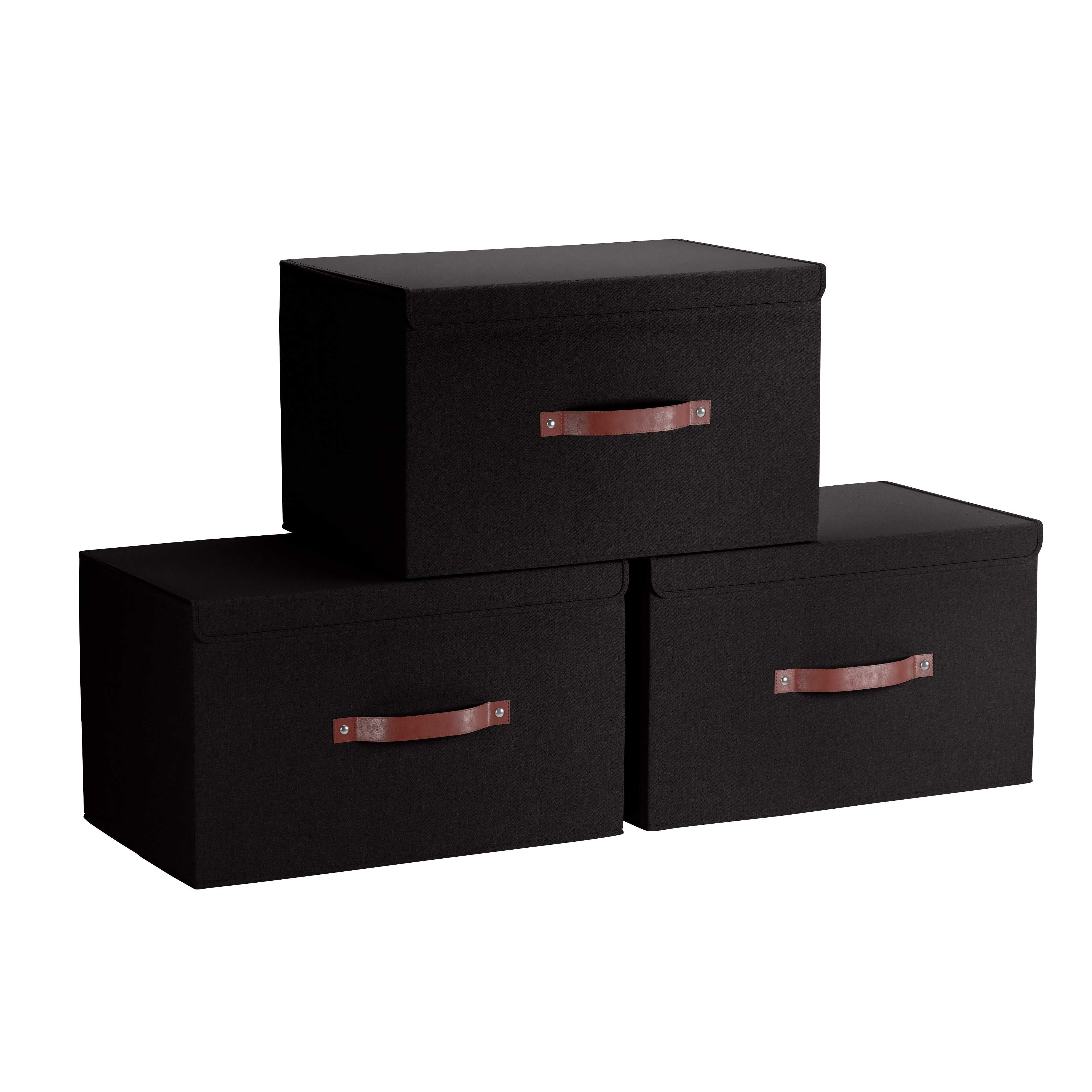 Storage Bins Linen w/ Leather Handles and Lid (3 Pack)