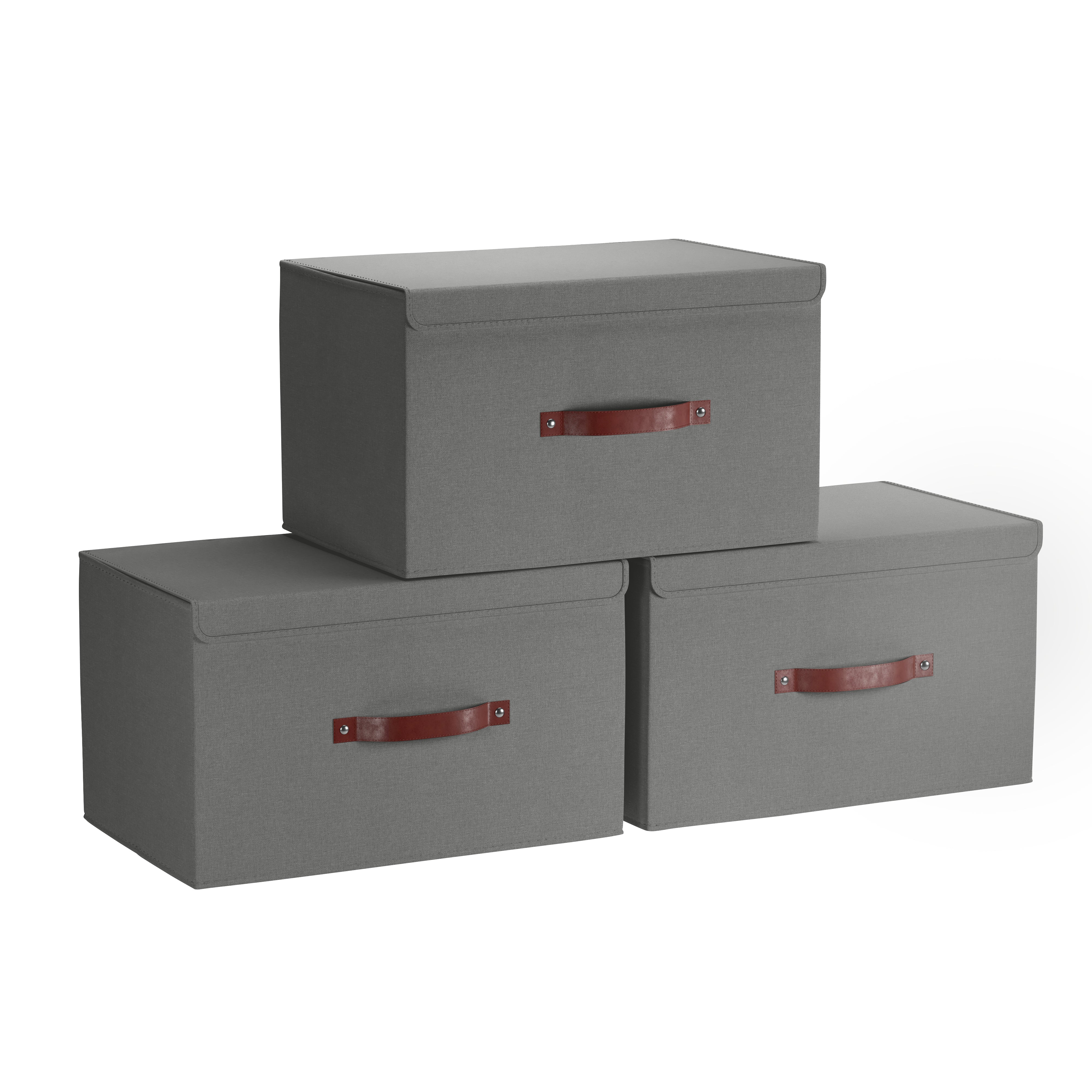 Storage Bins Linen w/ Leather Handles and Lid (3 Pack)