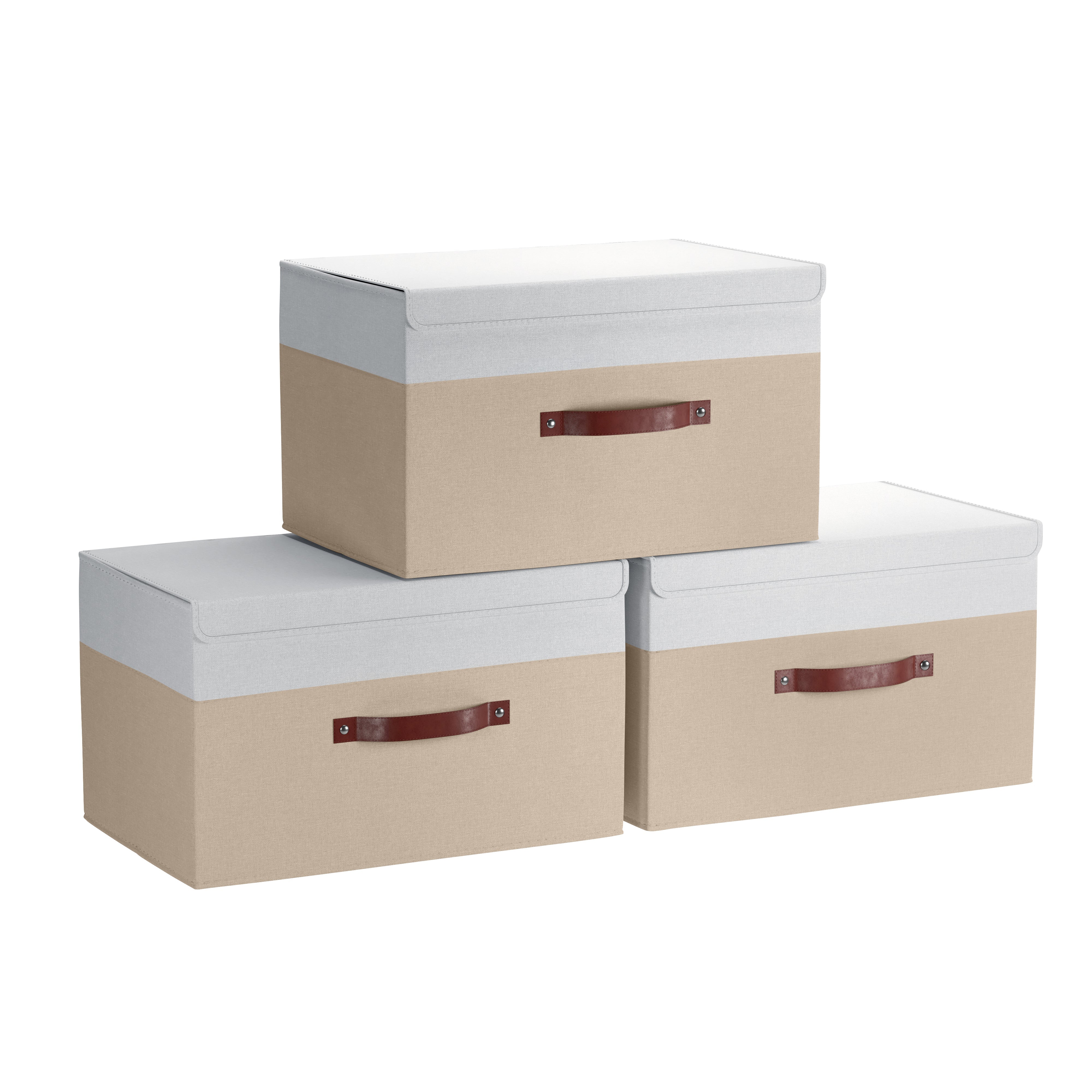 Storage Bins Linen w/ Leather Handles and Lid (3 Pack)