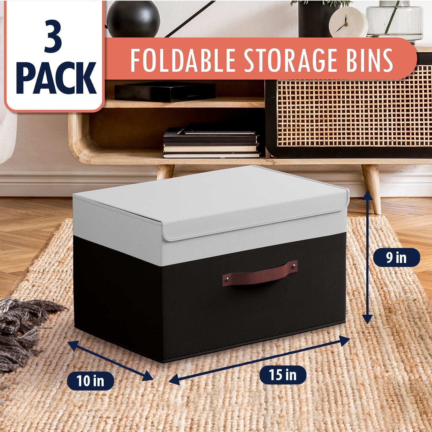 Storage Bins Linen w/ Leather Handles and Lid (3 Pack)