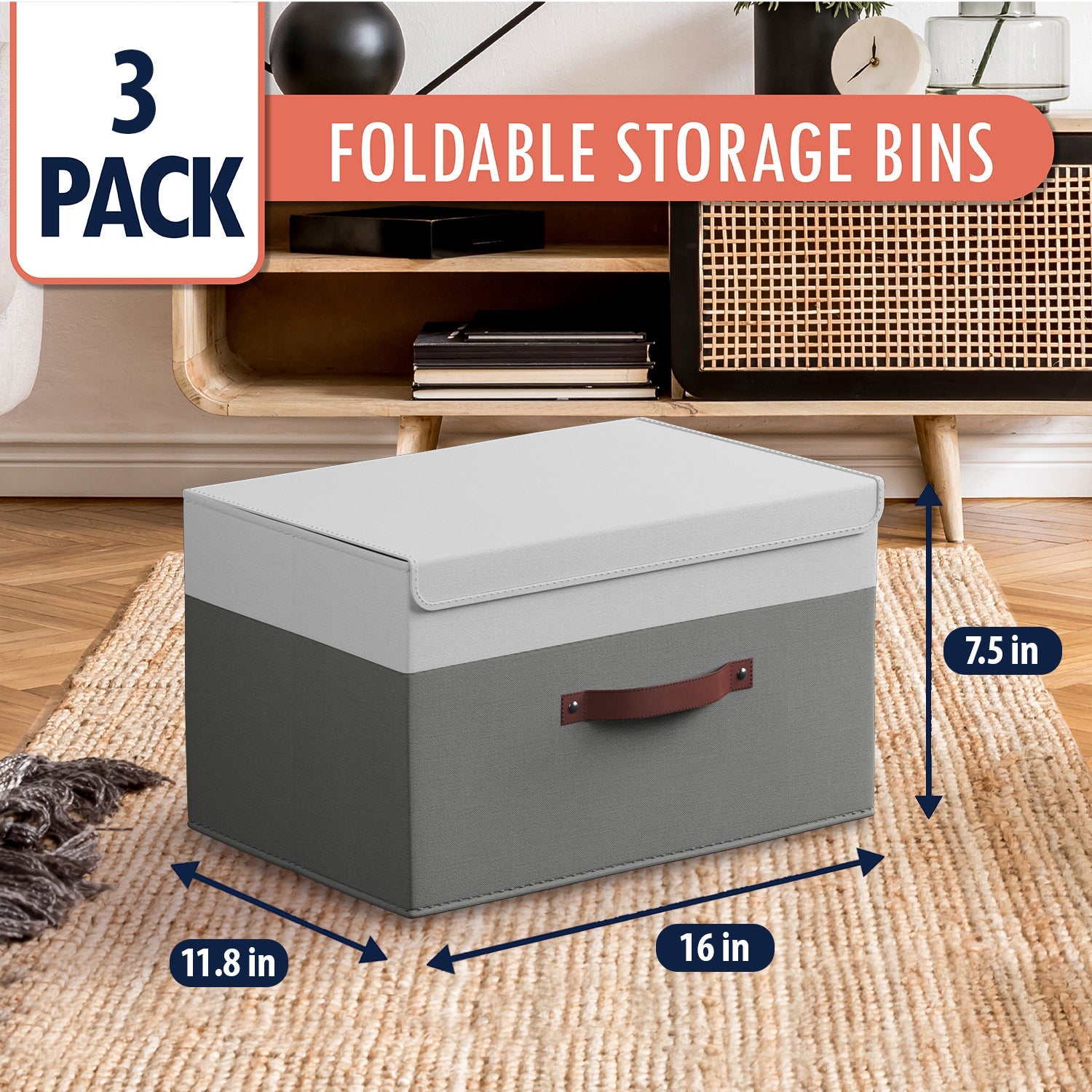 Storage Bins Linen w/ Leather Handles and Lid (3 Pack)