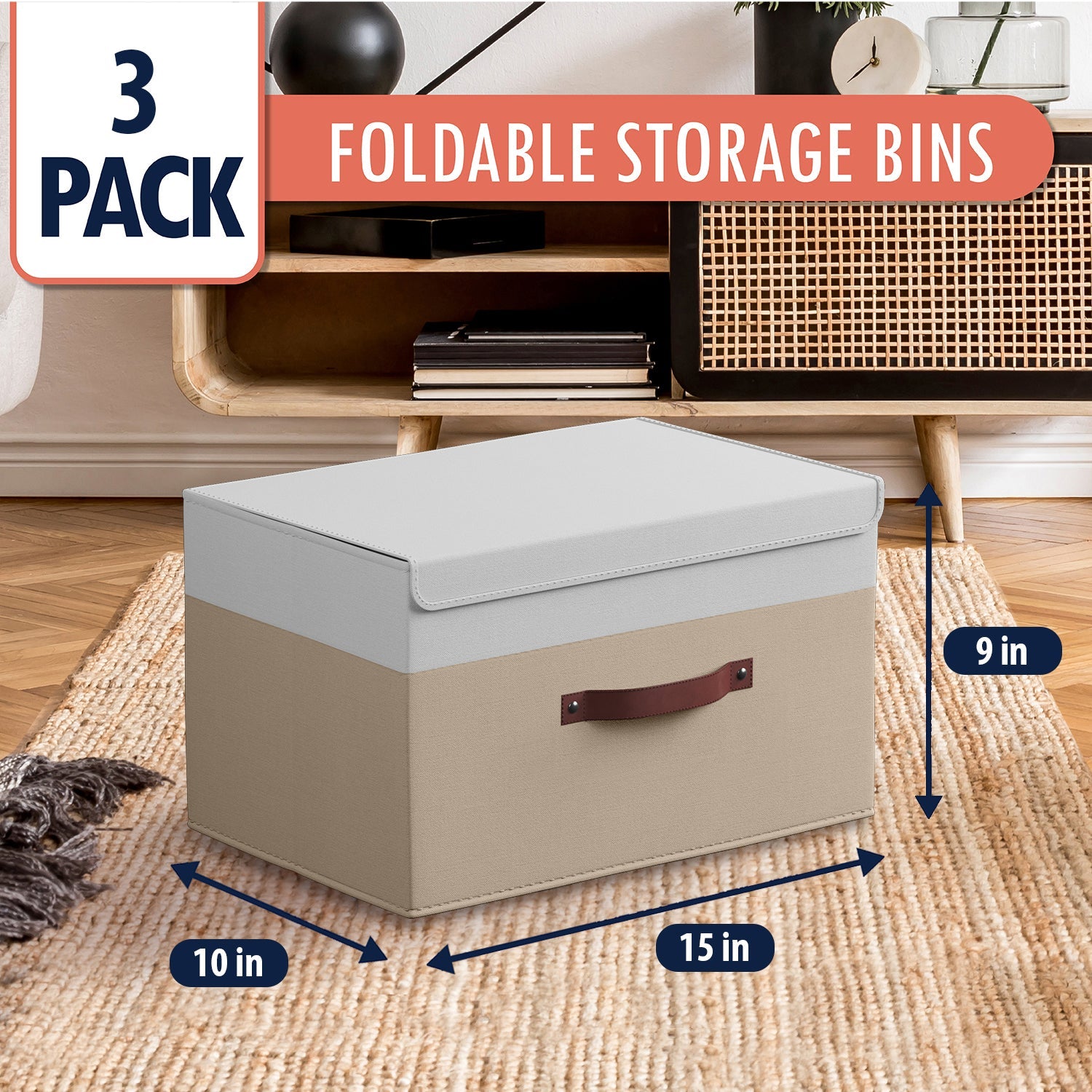 Storage Bins Linen w/ Leather Handles and Lid (3 Pack)